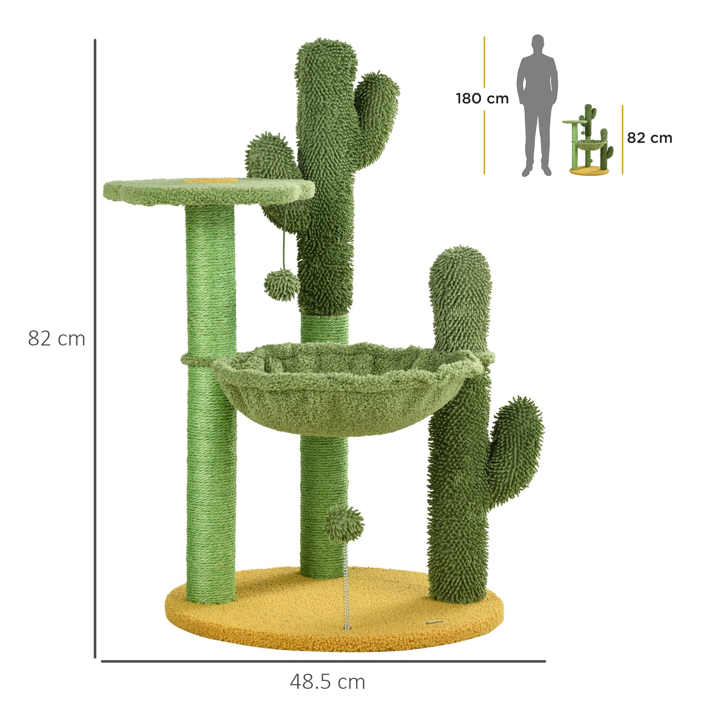 PawHut Cactus Tree for Indoor Cats, Modern Cat Tower with Hammock, Green