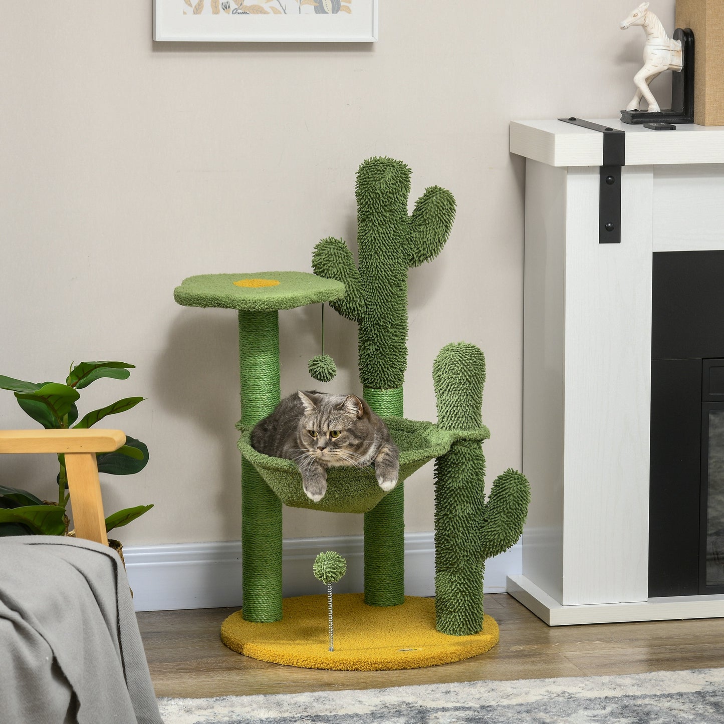 PawHut Cactus Tree for Indoor Cats, Modern Cat Tower with Hammock, Green