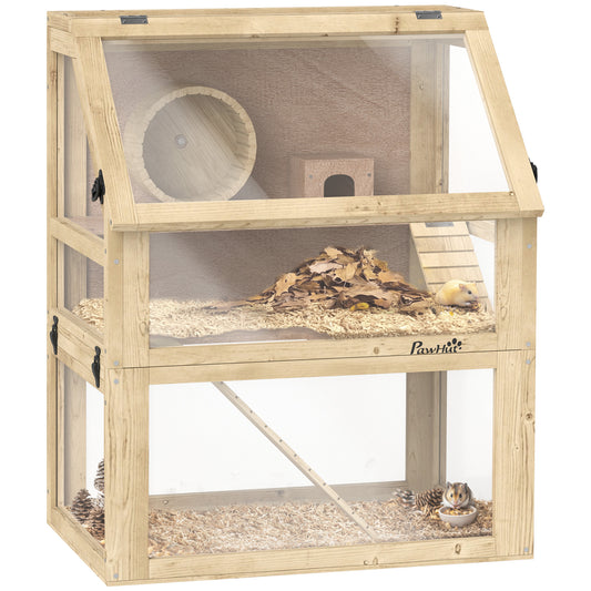 PawHut Wooden Hamster Cage w/ Detachable Bottom, Hut, Seesaw, 60 x 40 x 75cm