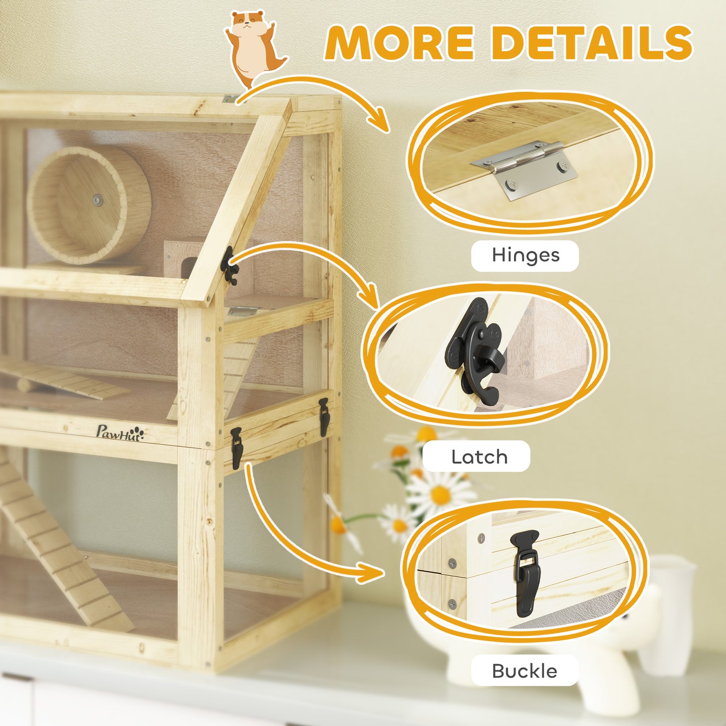 PawHut Wooden Hamster Cage w/ Detachable Bottom, Hut, Seesaw, 60 x 40 x 75cm