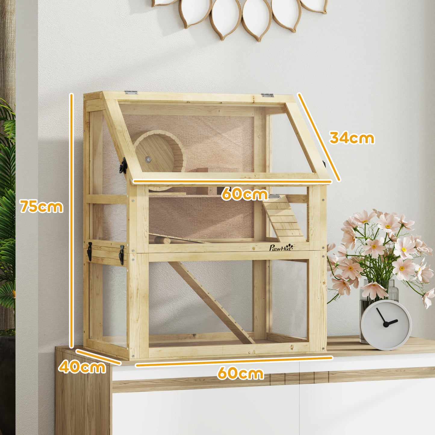 PawHut Wooden Hamster Cage w/ Detachable Bottom, Hut, Seesaw, 60 x 40 x 75cm