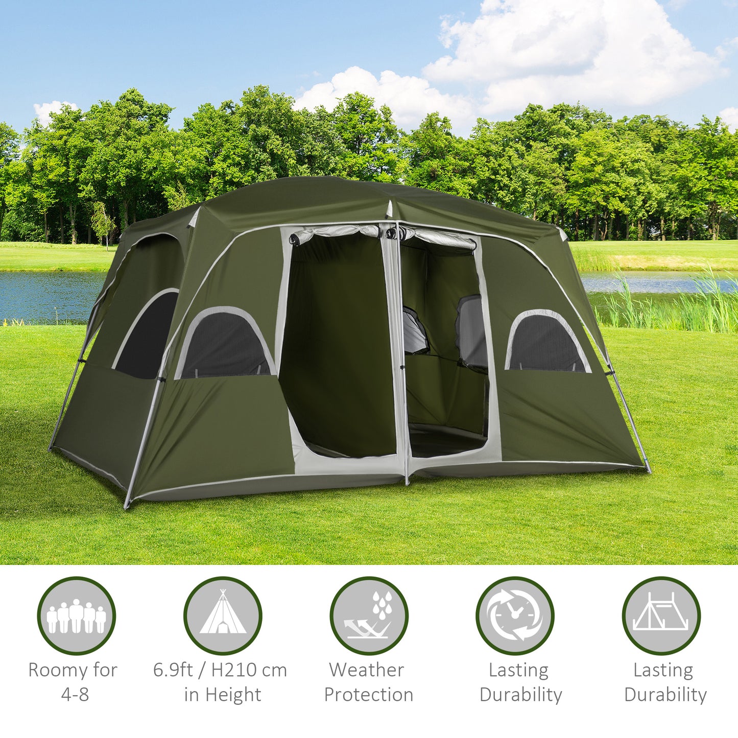 Camping Tent, Family Tent 4-8 Person 2 Room Easy Set Up, Green Outsunny