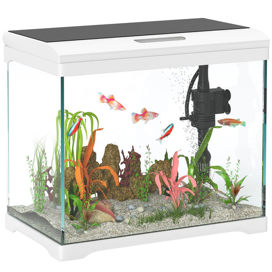 PawHut 27L Glass Fish Tank with Filter System, LED Light, Water Pump, White