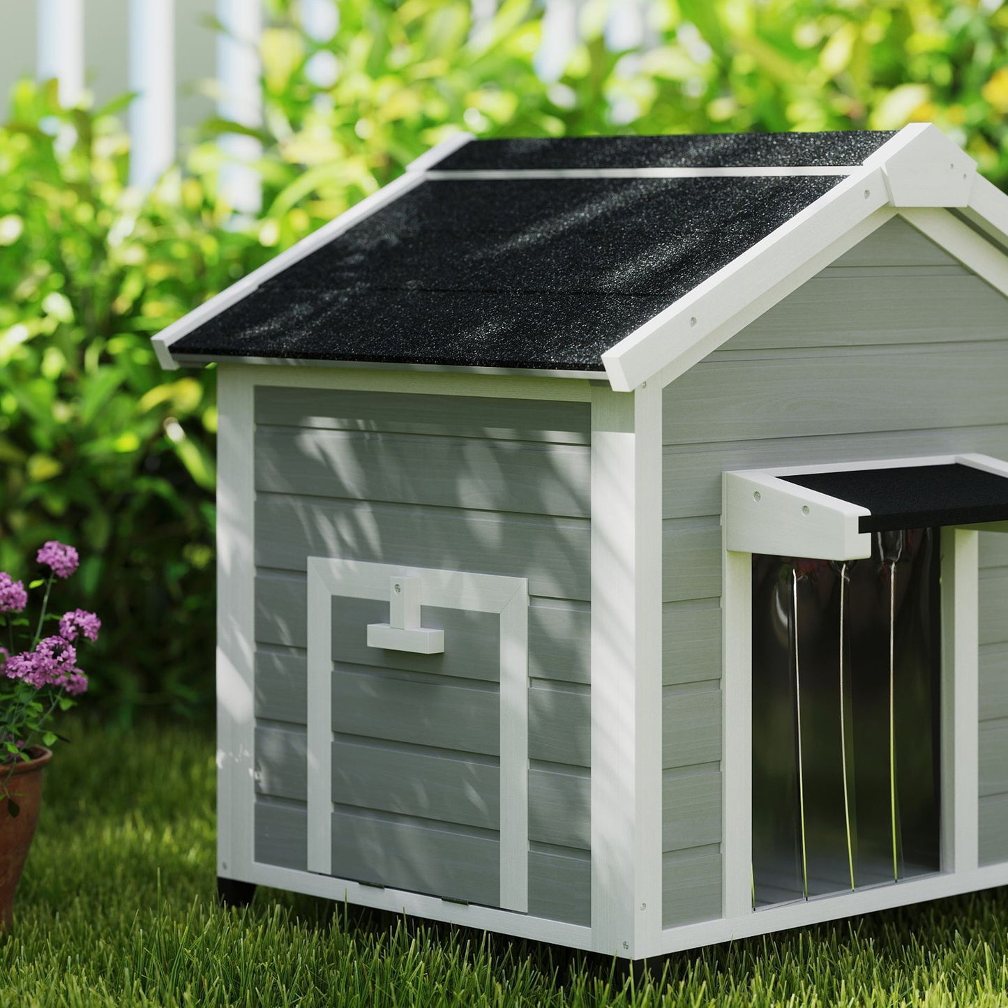 Wooden Dog House, Dog Kennel Outdoor w/ Openable Roof, Removable Floor, Curtain