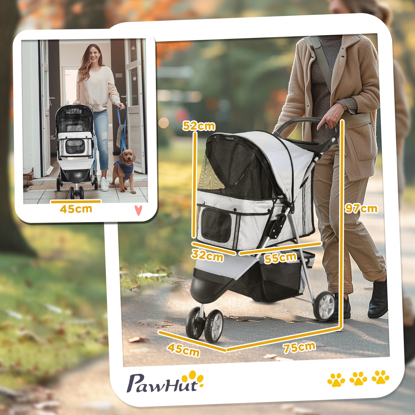 Pet Stroller Pushchair Carrier for Cat Puppy with 3 Wheels Grey Pawhut