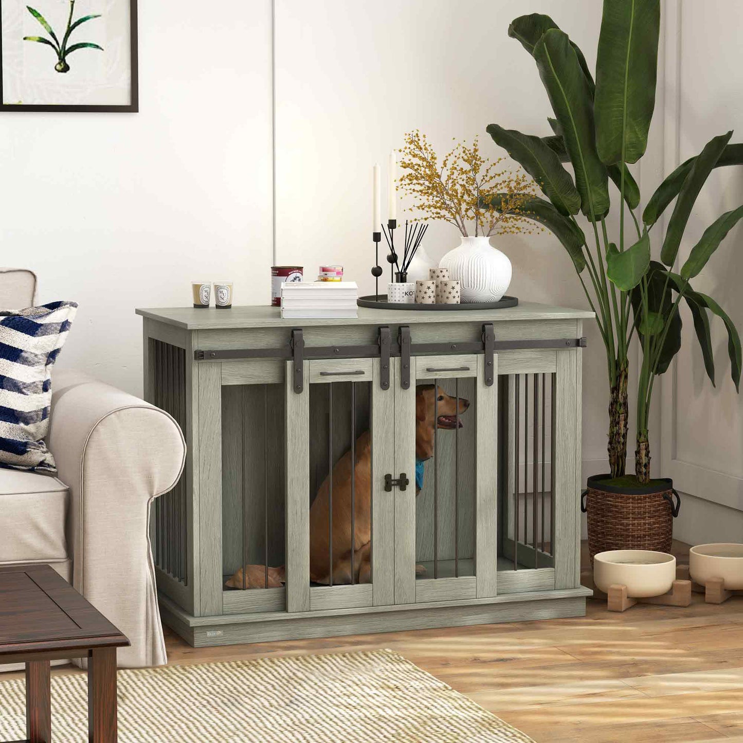 PawHut Dog Crate Furniture for Large Dogs, Double Dog Cage for Small Dogs, Grey