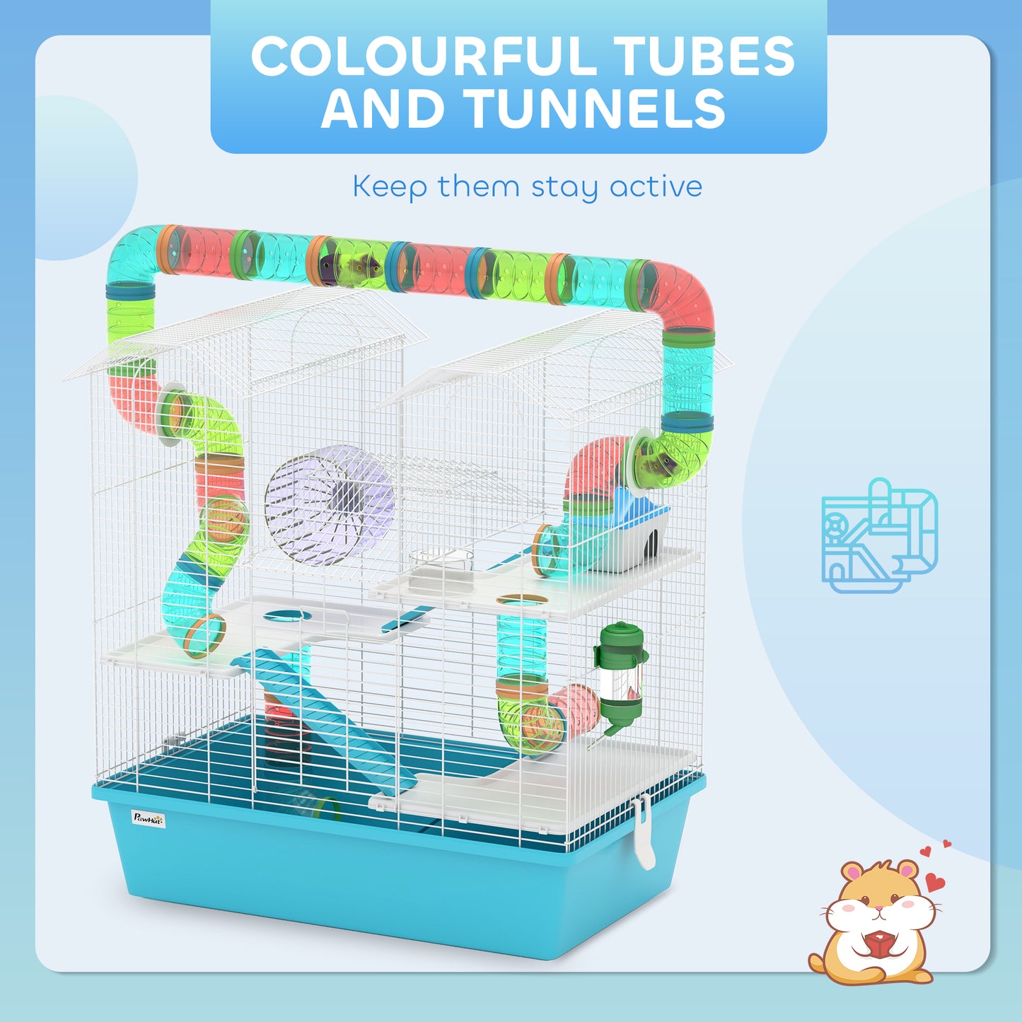 PawHut 4 Tier Hamster Cage with Tubes, for Drawf, 58 x 36 x 65cm, Light Blue