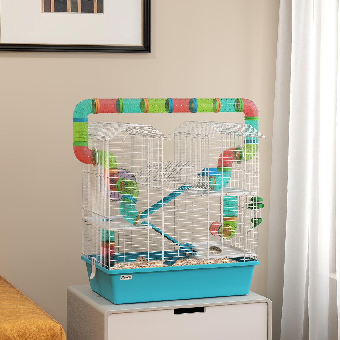 PawHut 4 Tier Hamster Cage with Tubes, for Drawf, 58 x 36 x 65cm, Light Blue