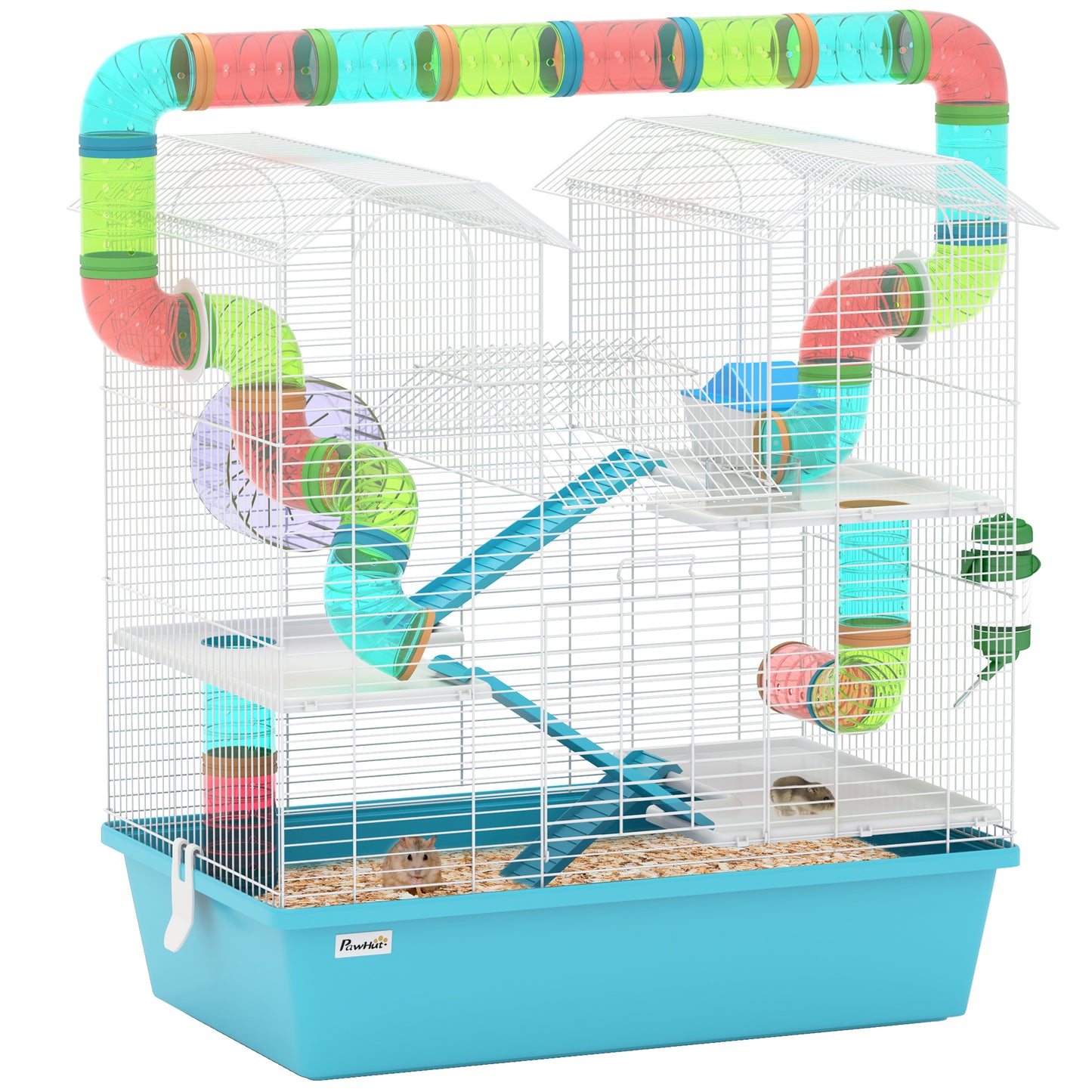 PawHut 4 Tier Hamster Cage with Tubes, for Drawf, 58 x 36 x 65cm, Light Blue