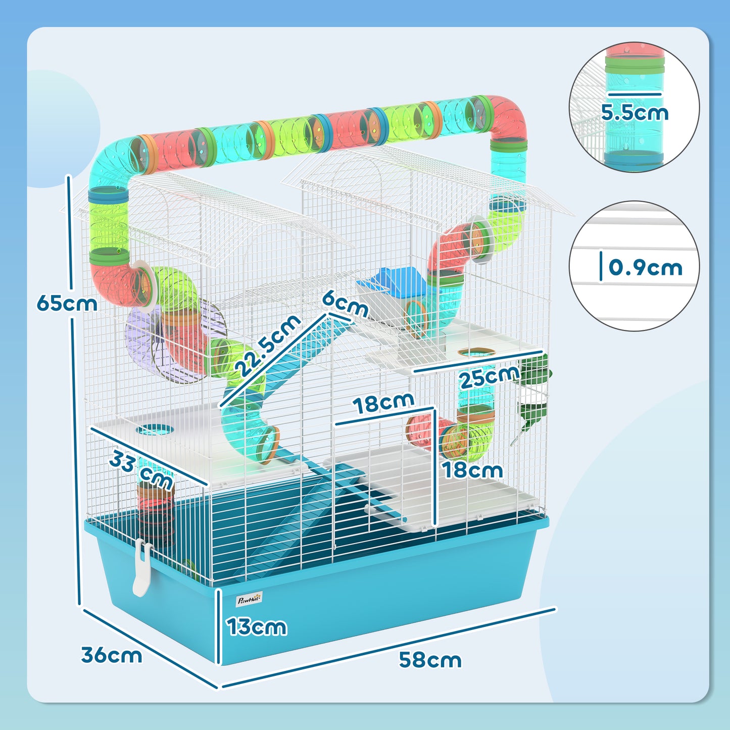 PawHut 4 Tier Hamster Cage with Tubes, for Drawf, 58 x 36 x 65cm, Light Blue