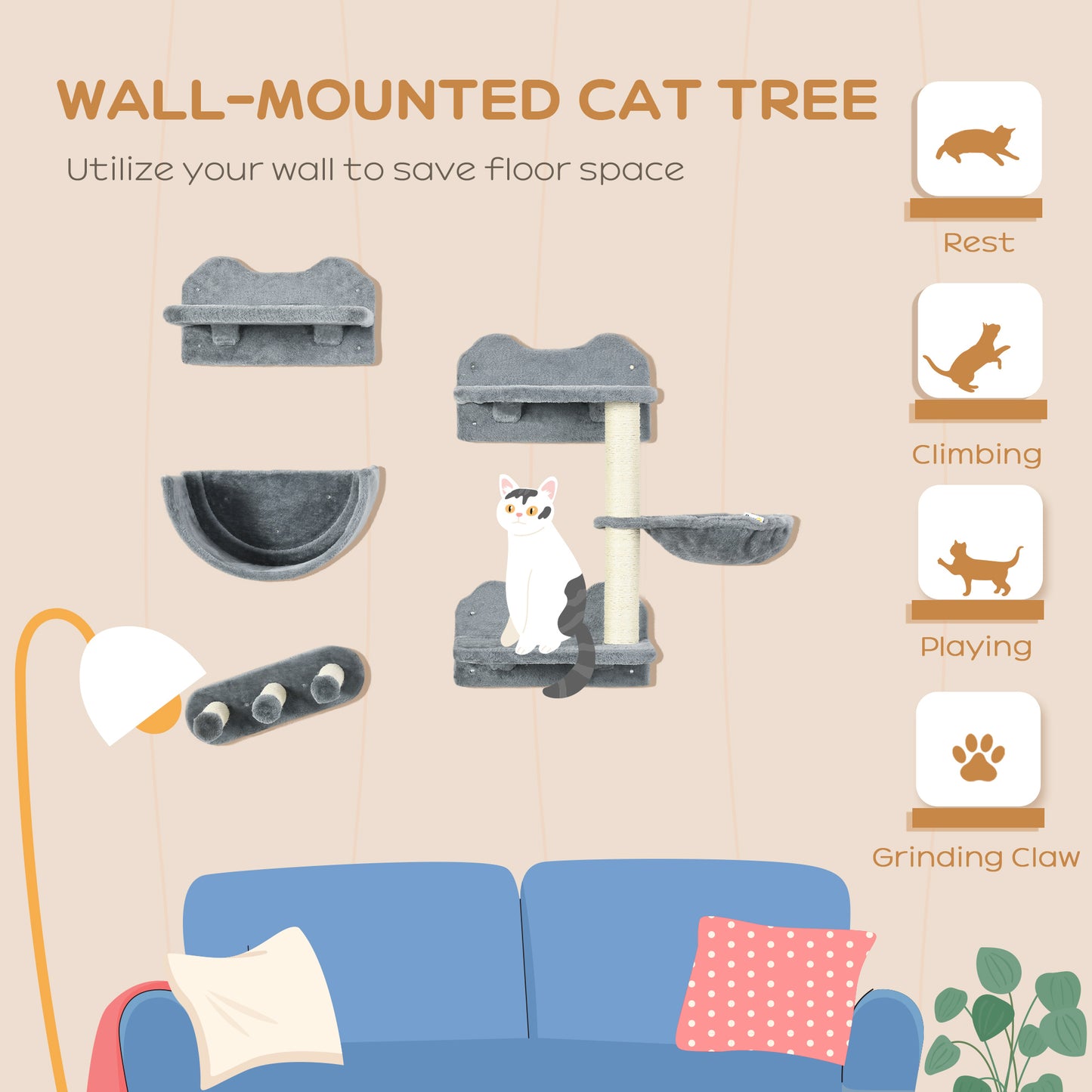 PawHut 4PCs Wall Mounted Cat Tree Cat Wall Shelves W/ Scratching Post Grey