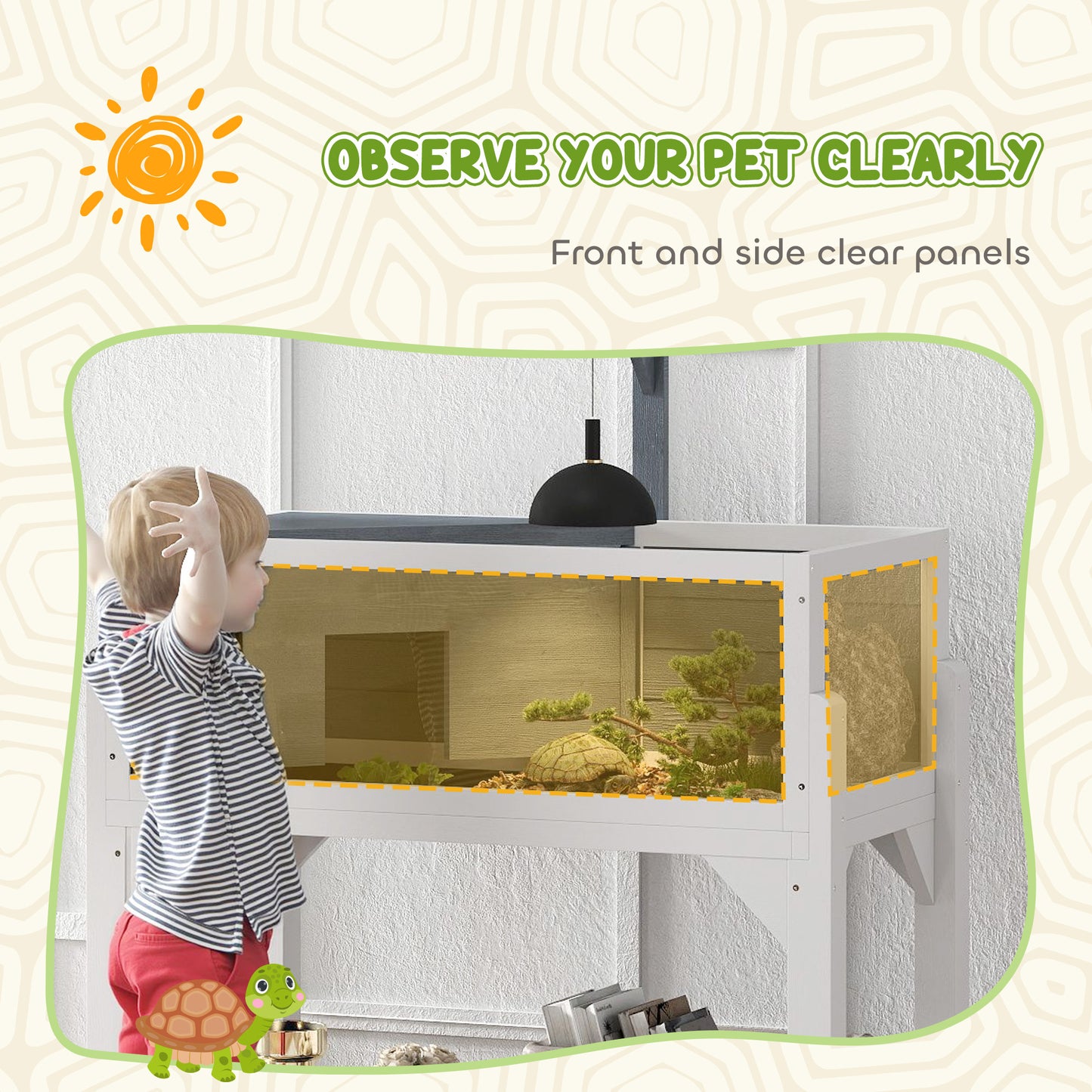 PawHut Wooden Tortoise House with Storage Shelf, Clear Observation Windows