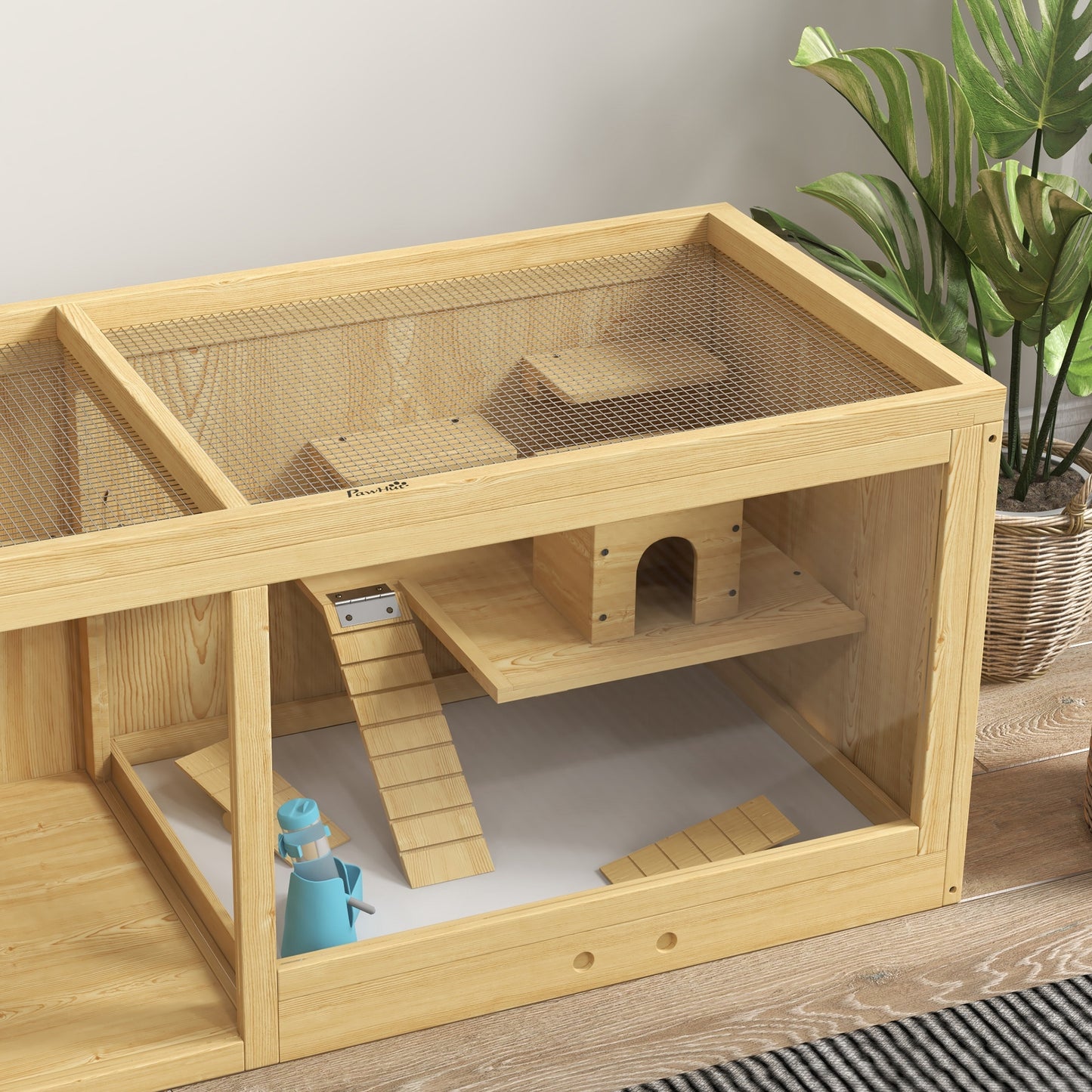 PawHut Wooden Hamster Cage with Water Bottle, Platforms, Openable Roof