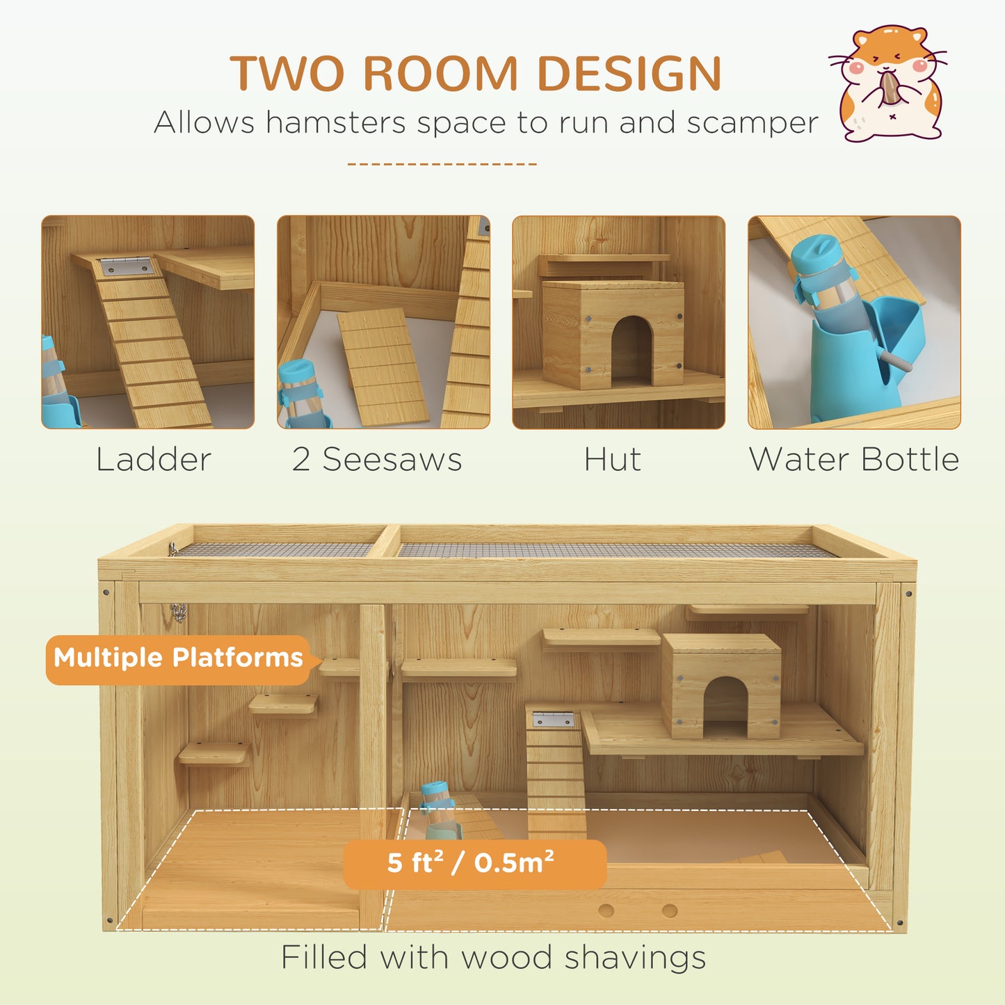 PawHut Wooden Hamster Cage with Water Bottle, Platforms, Openable Roof