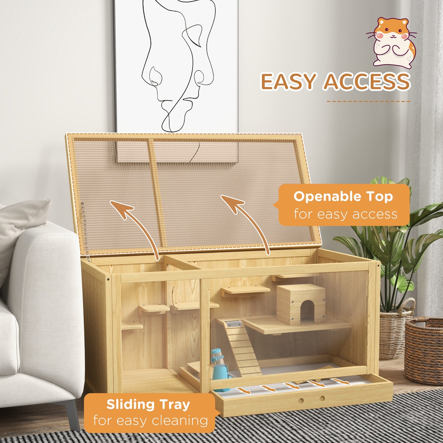 PawHut Wooden Hamster Cage with Water Bottle, Platforms, Openable Roof