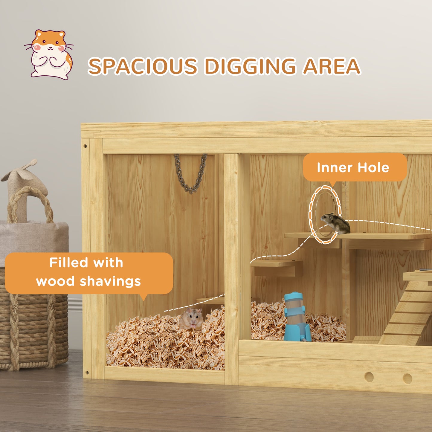 PawHut Wooden Hamster Cage with Water Bottle, Platforms, Openable Roof