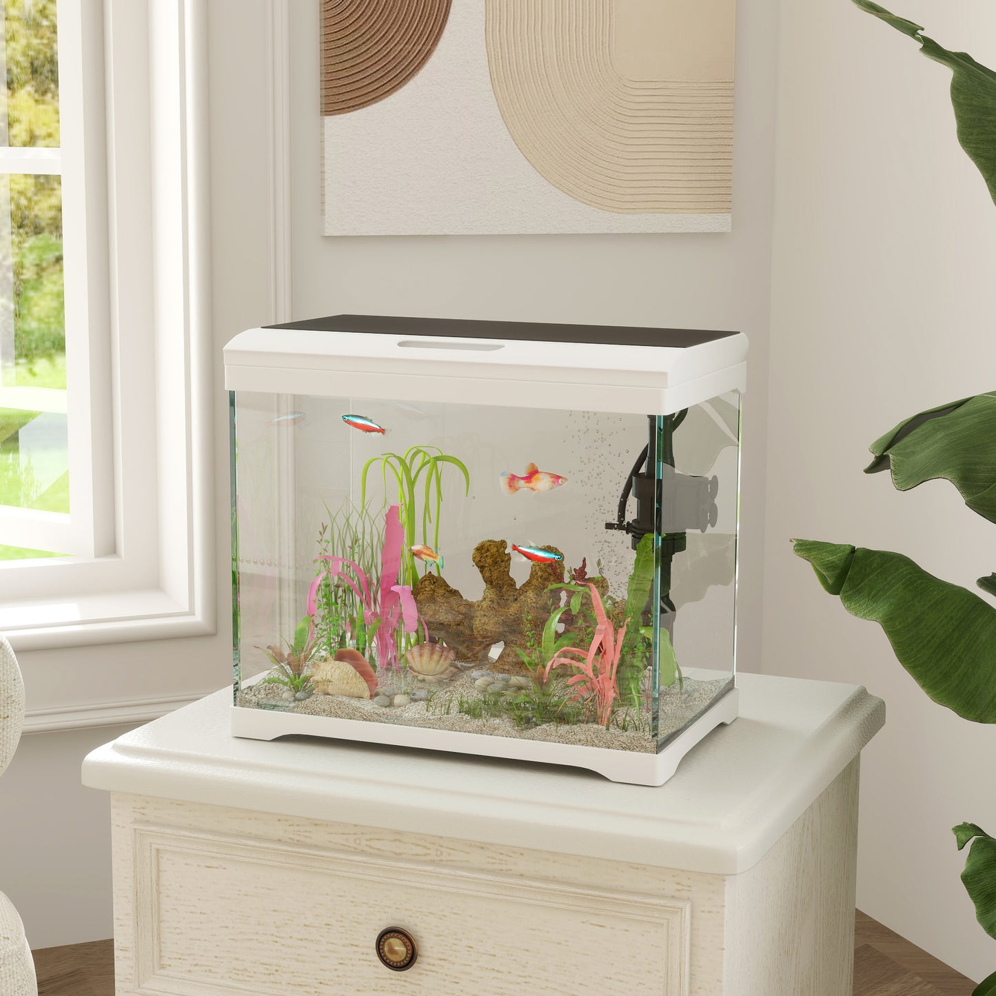 PawHut 17L Glass Fish Tank with Filter System, LED Light, Water Pump, White