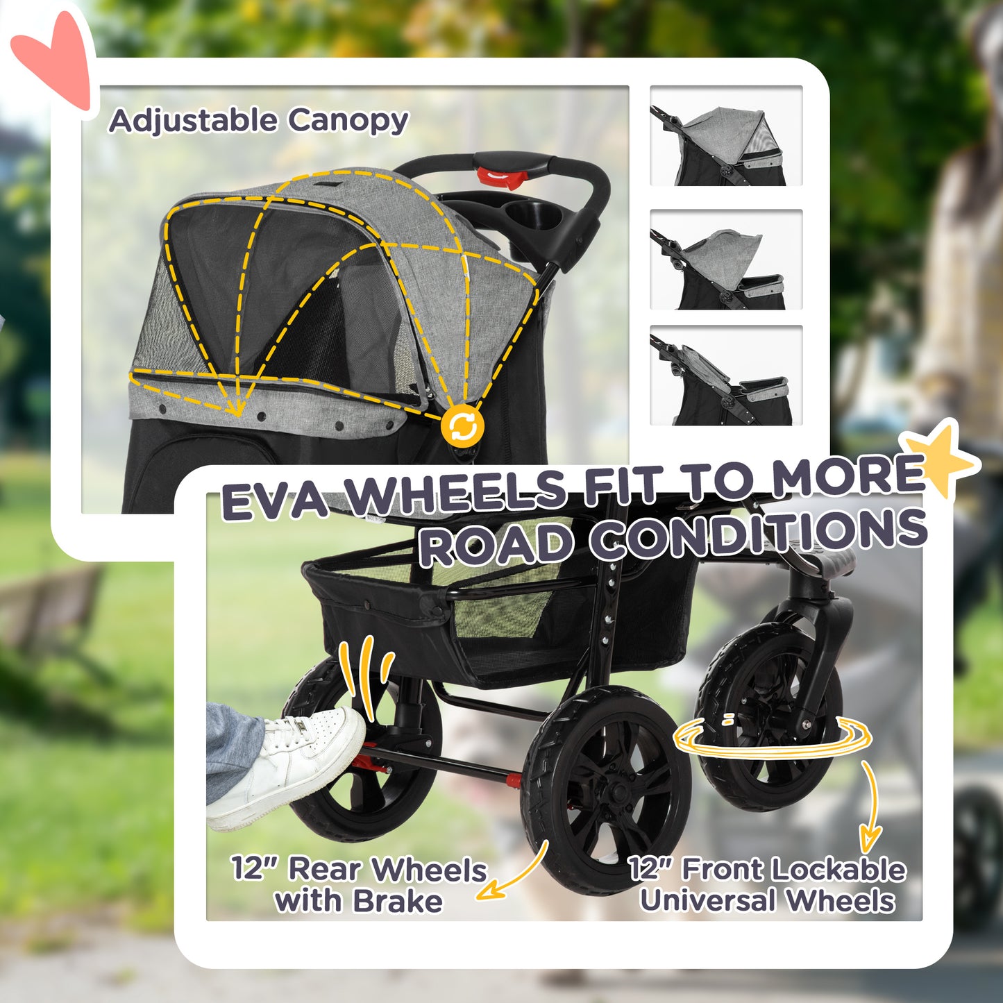 Folding 3 Wheel Pet Stroller Travel w/ Adjustable Canopy Storage Brake Grey