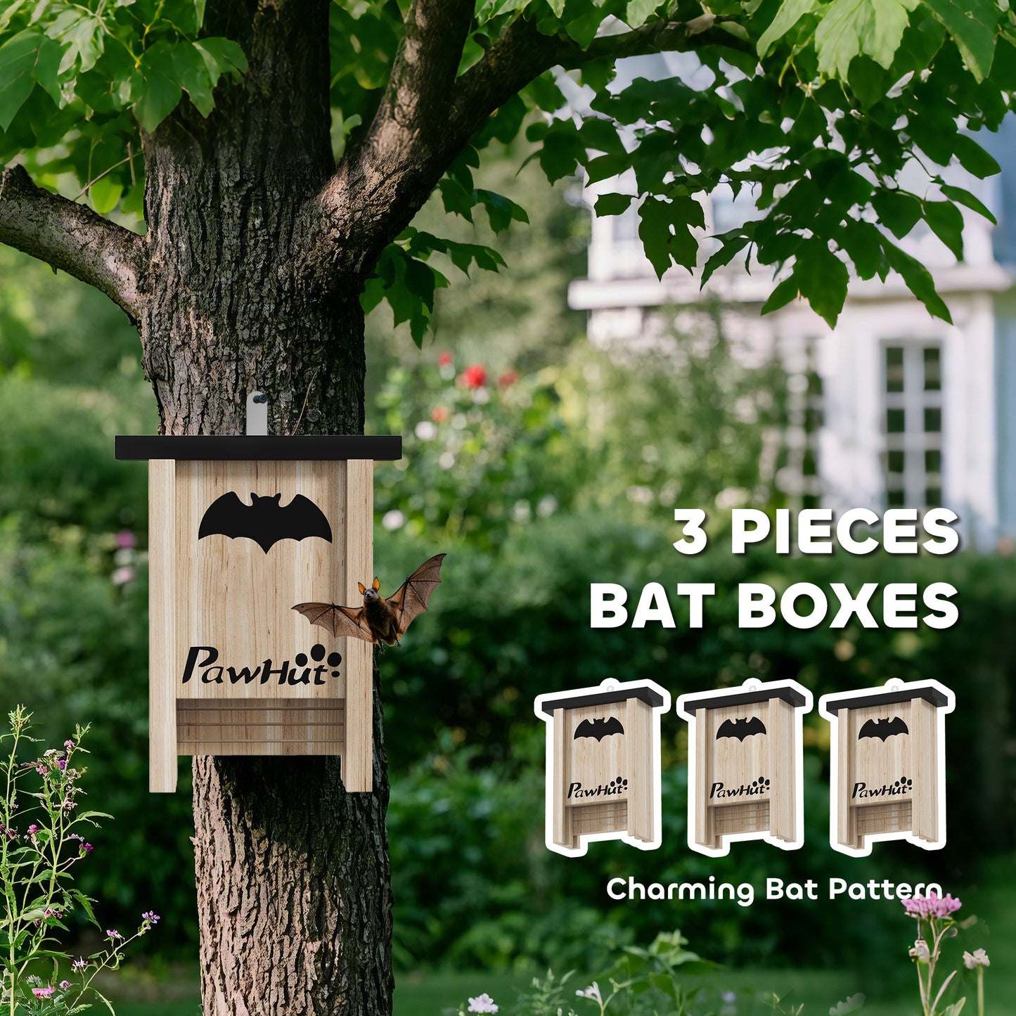 PawHut 3PCs Bat Boxes Designed to Attract Bats, 18 x 6 x 22.5 cm