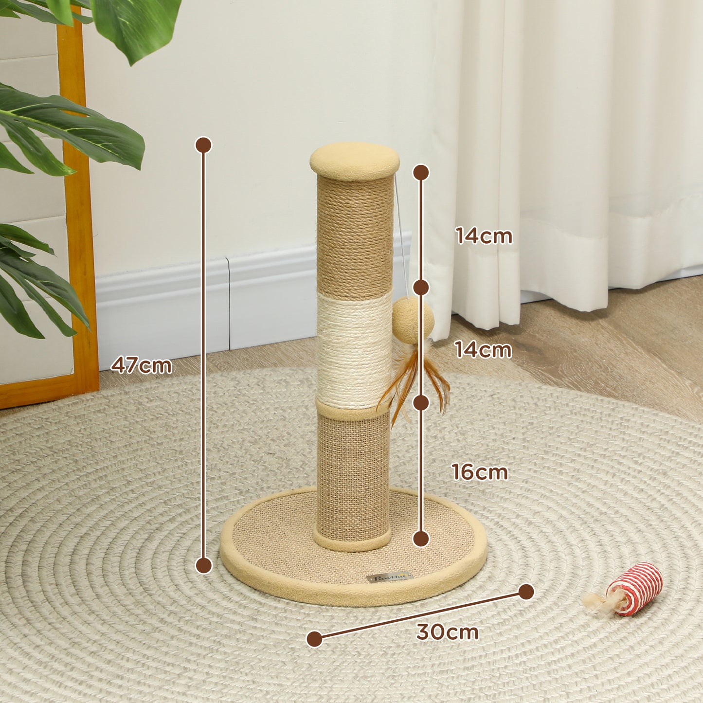 PawHut 47cm Tall Cat Scratching Post for Indoor Cats, with Sisal Rope, Brown