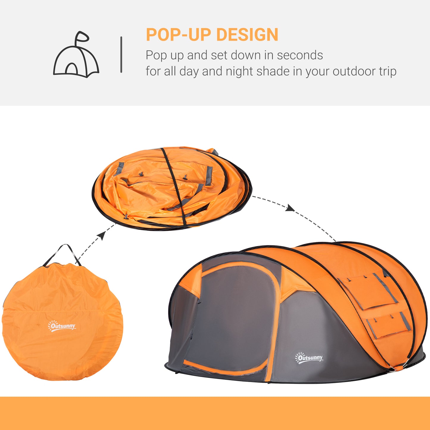 Camping Tent Dome Pop-up Tent  with Windows for 4-5 Person Orange Outsunny