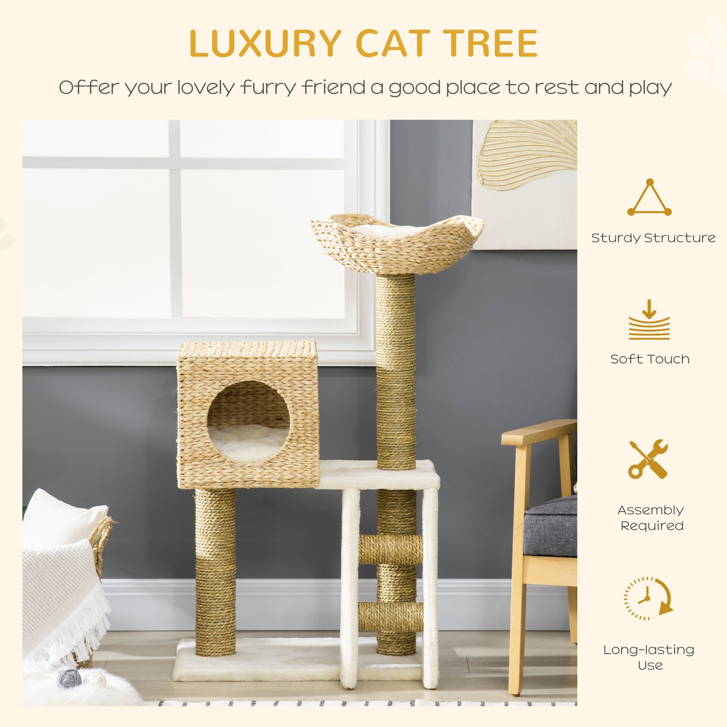 PawHut Cat Tree Kitten Tower Cattail Weave with Scratching Posts, Bed, House