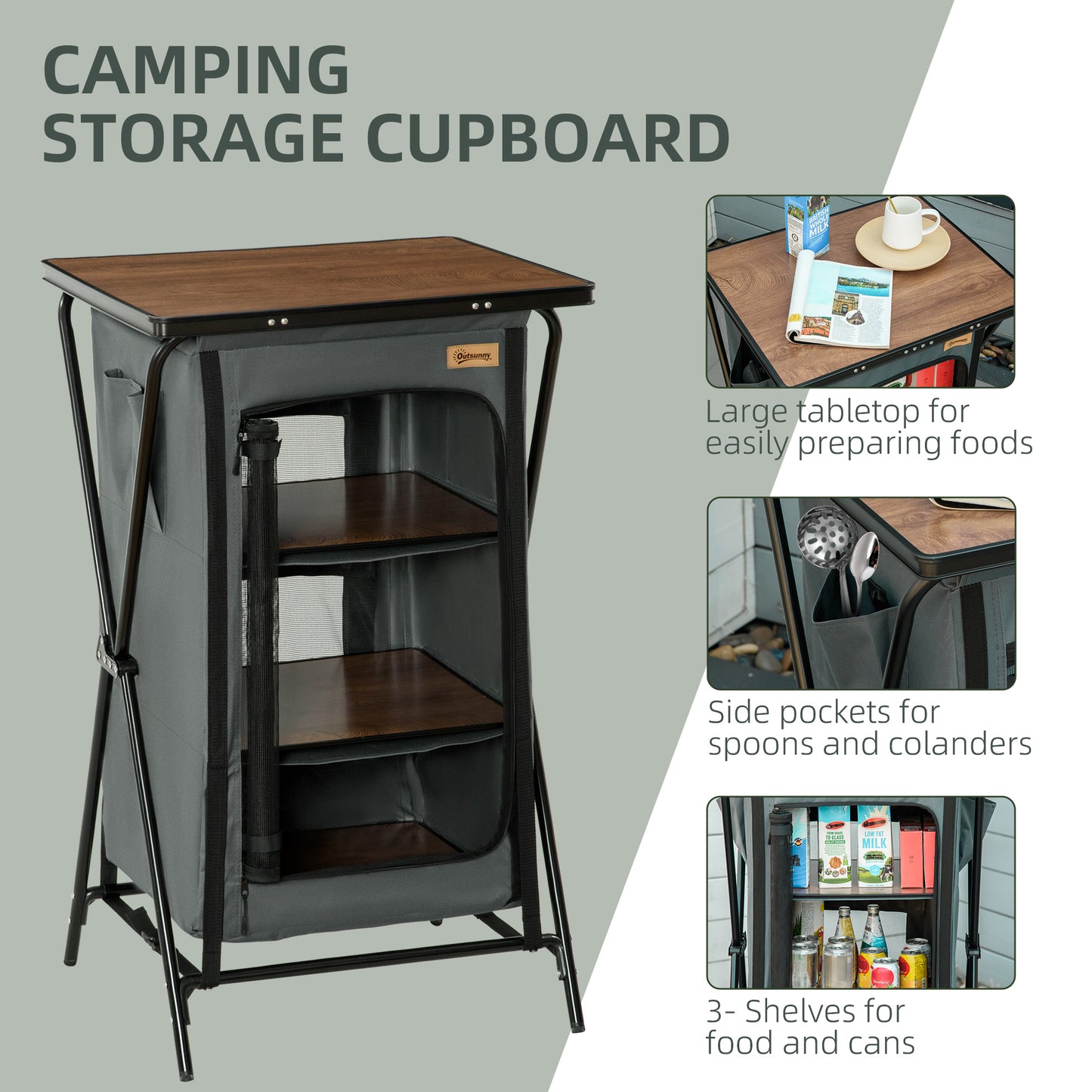 Camping Cupboard Aluminium Foldable Kitchen Station w/ Carrying Bag Outsunny