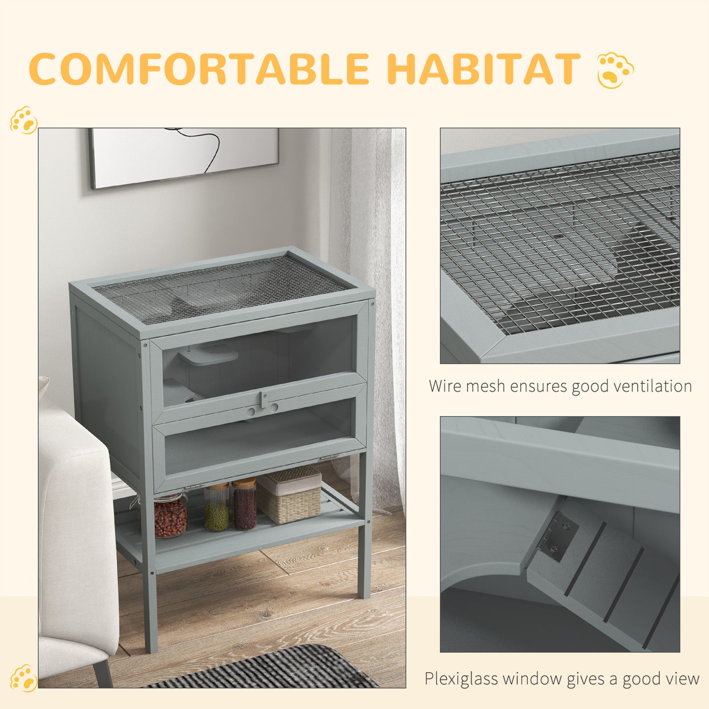 PawHut Wooden Hamster Cage w/ Storage Shelf, Openable Top for Gerbils, Grey