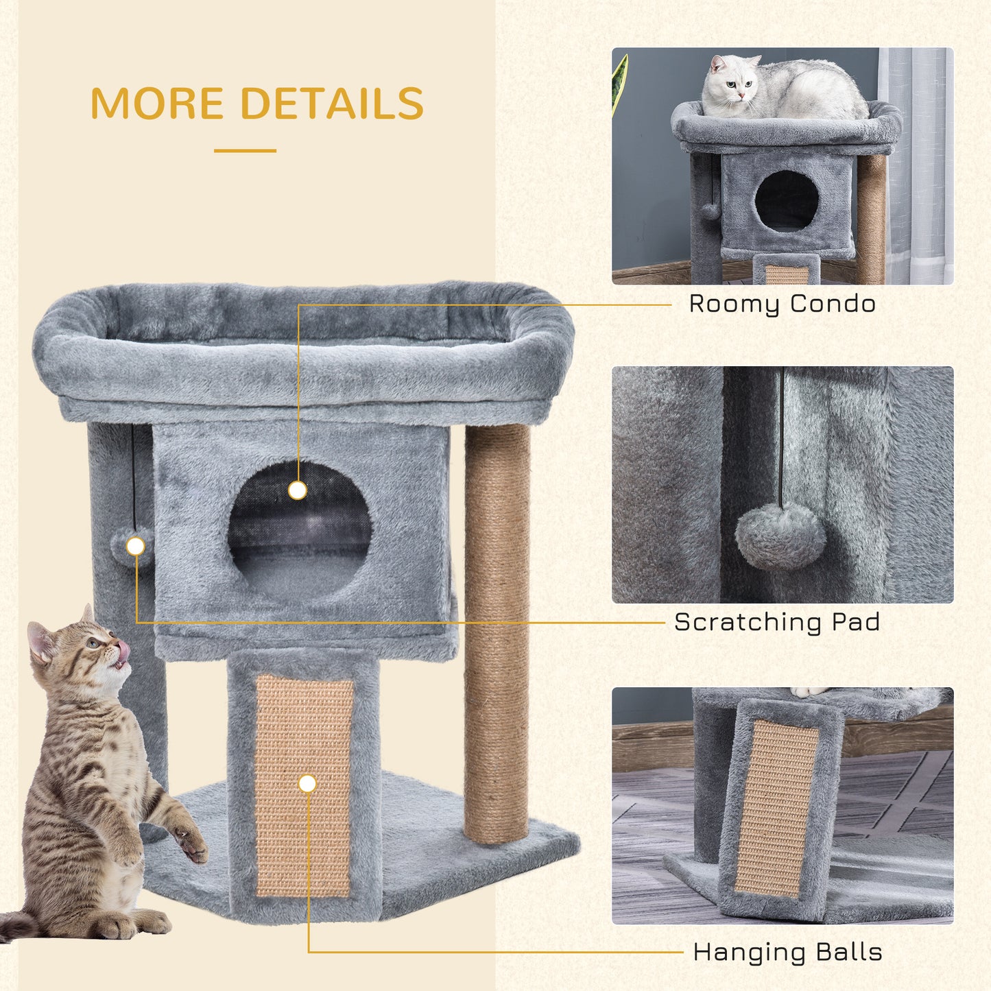 Cat Tree Activity Centre W/ Scratching Pad, Toy Ball, Cat House - Grey Pawhut