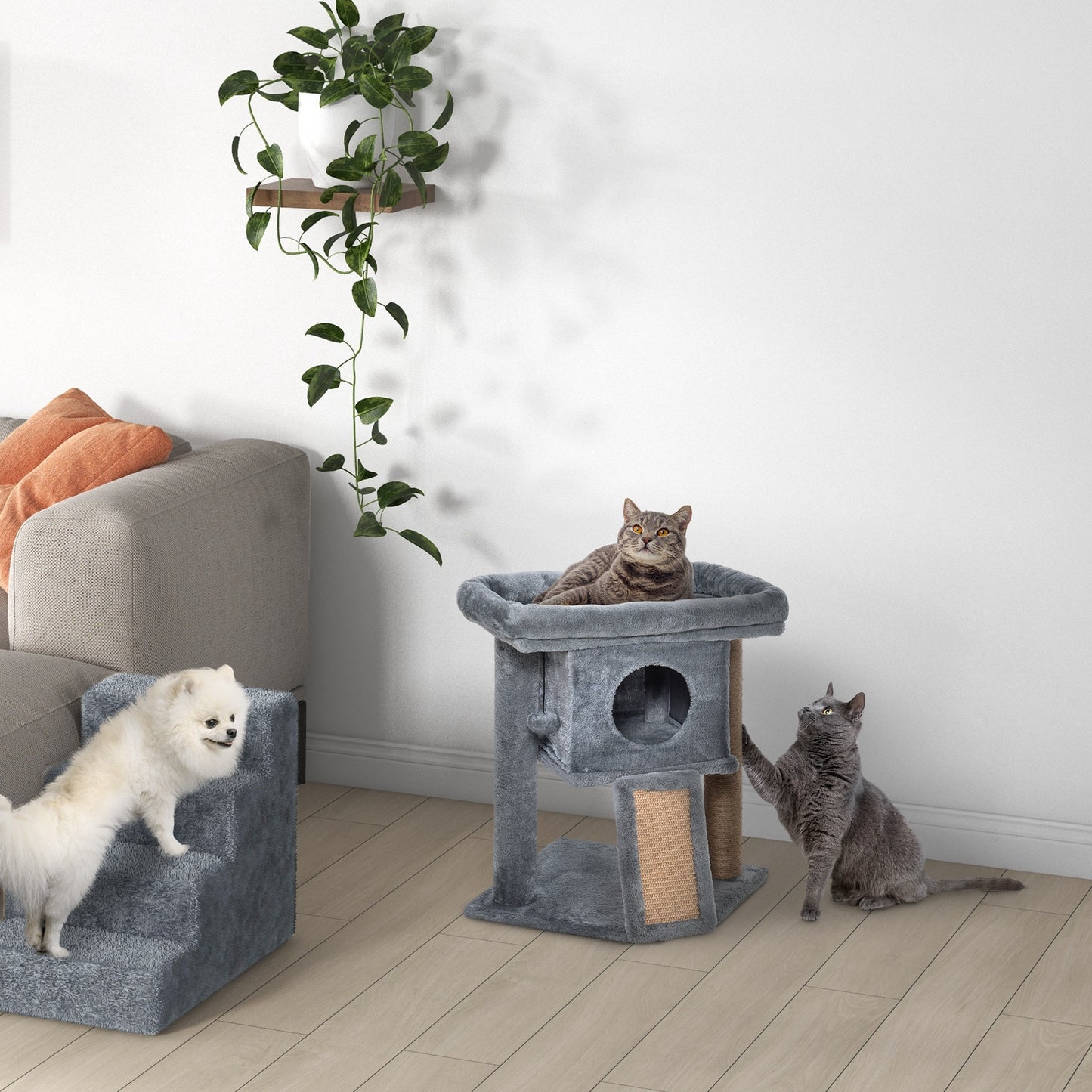 Cat Tree Activity Centre W/ Scratching Pad, Toy Ball, Cat House - Grey Pawhut