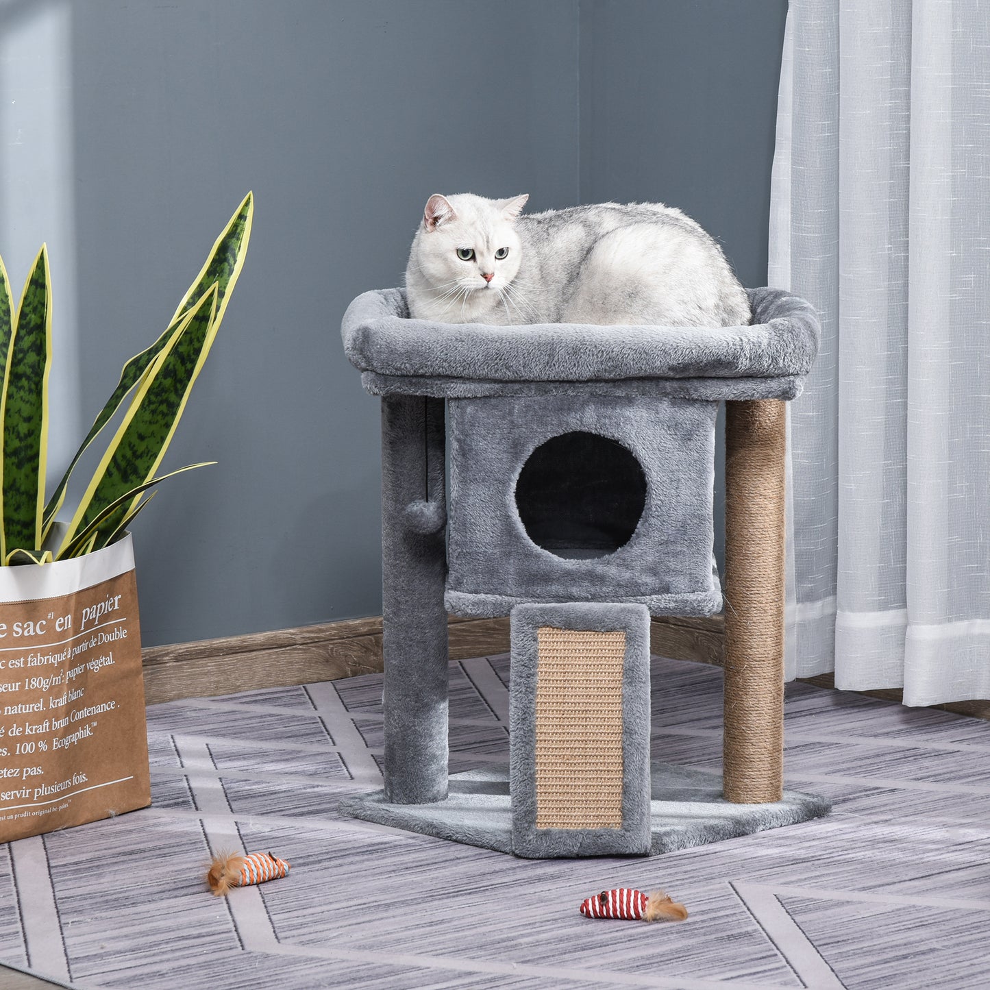 Cat Tree Activity Centre W/ Scratching Pad, Toy Ball, Cat House - Grey Pawhut