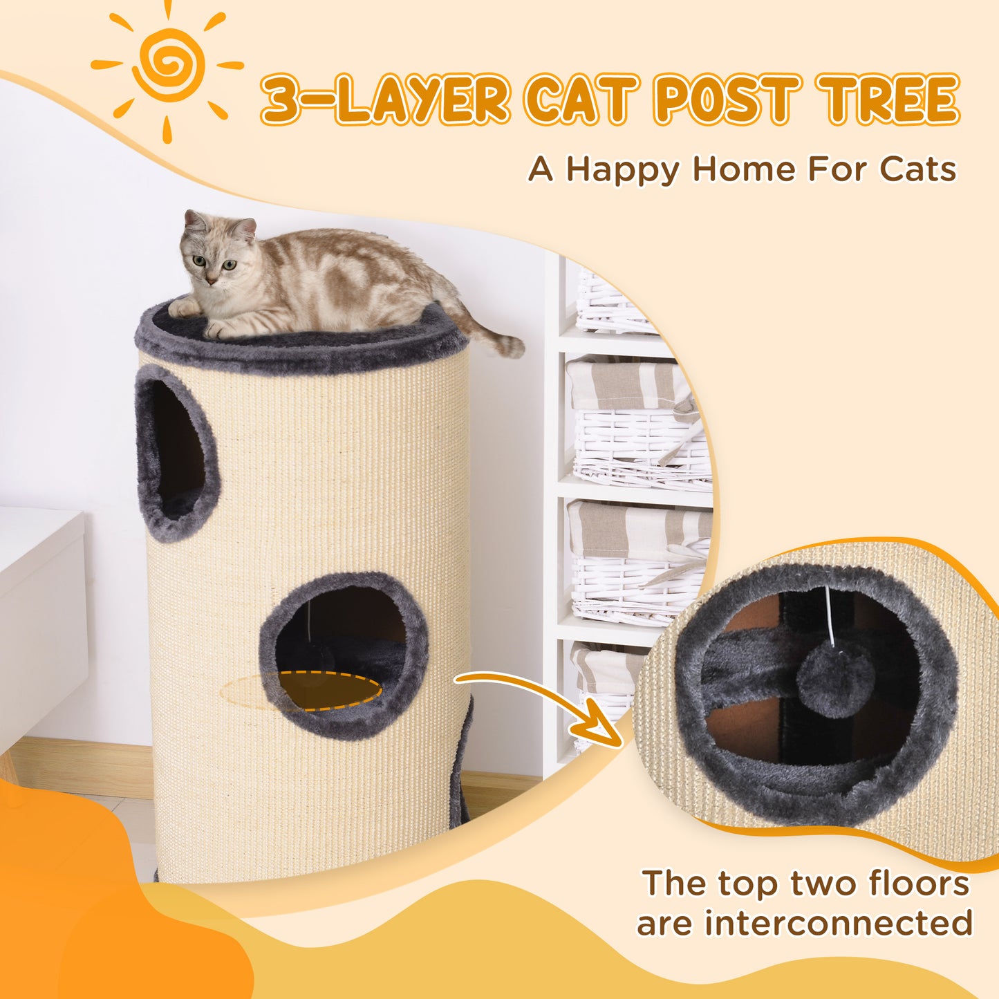 Cat Scratching Barrel Sisal Activity Center 3 Dens Observation Deck 70H Pawhut