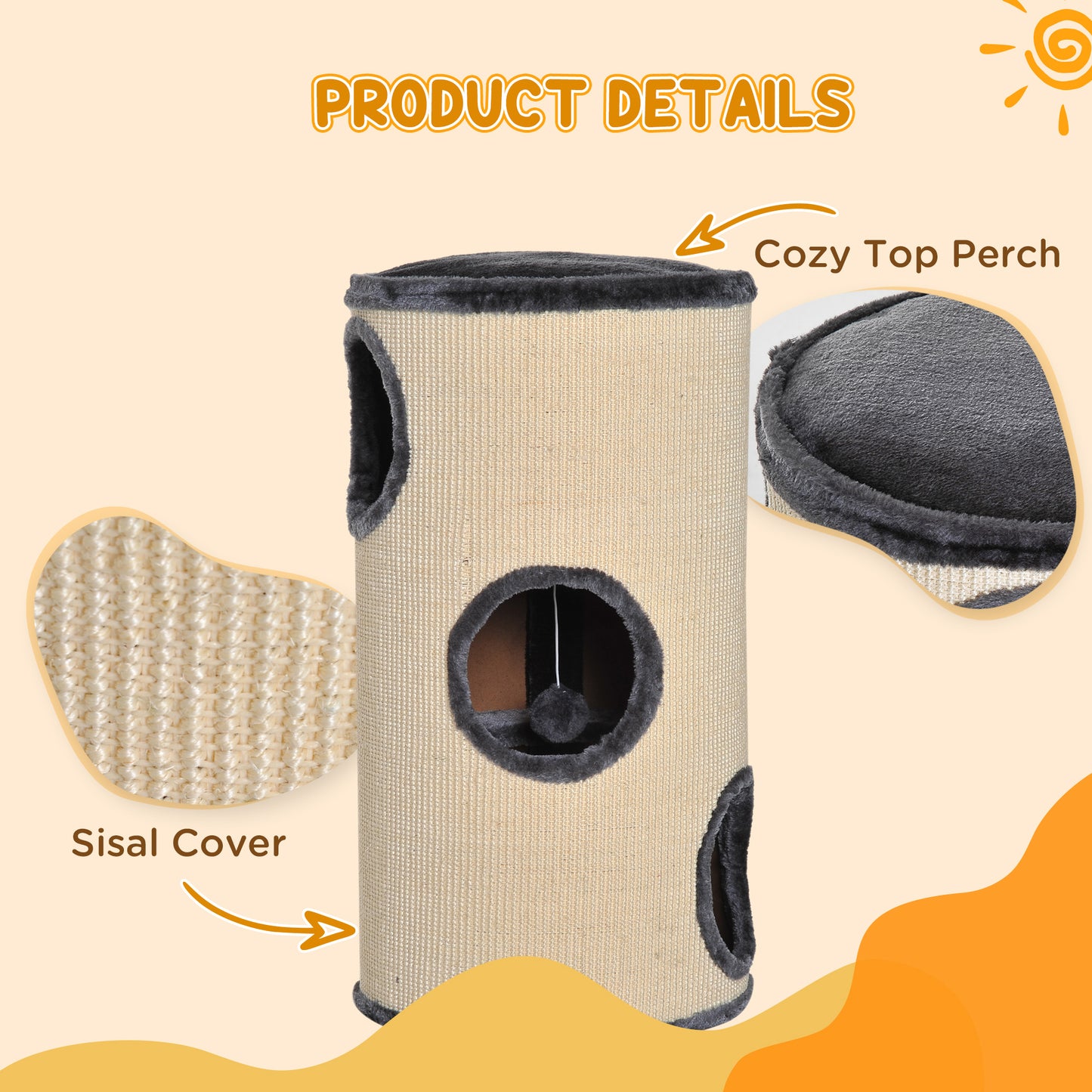 Cat Scratching Barrel Sisal Activity Center 3 Dens Observation Deck 70H Pawhut