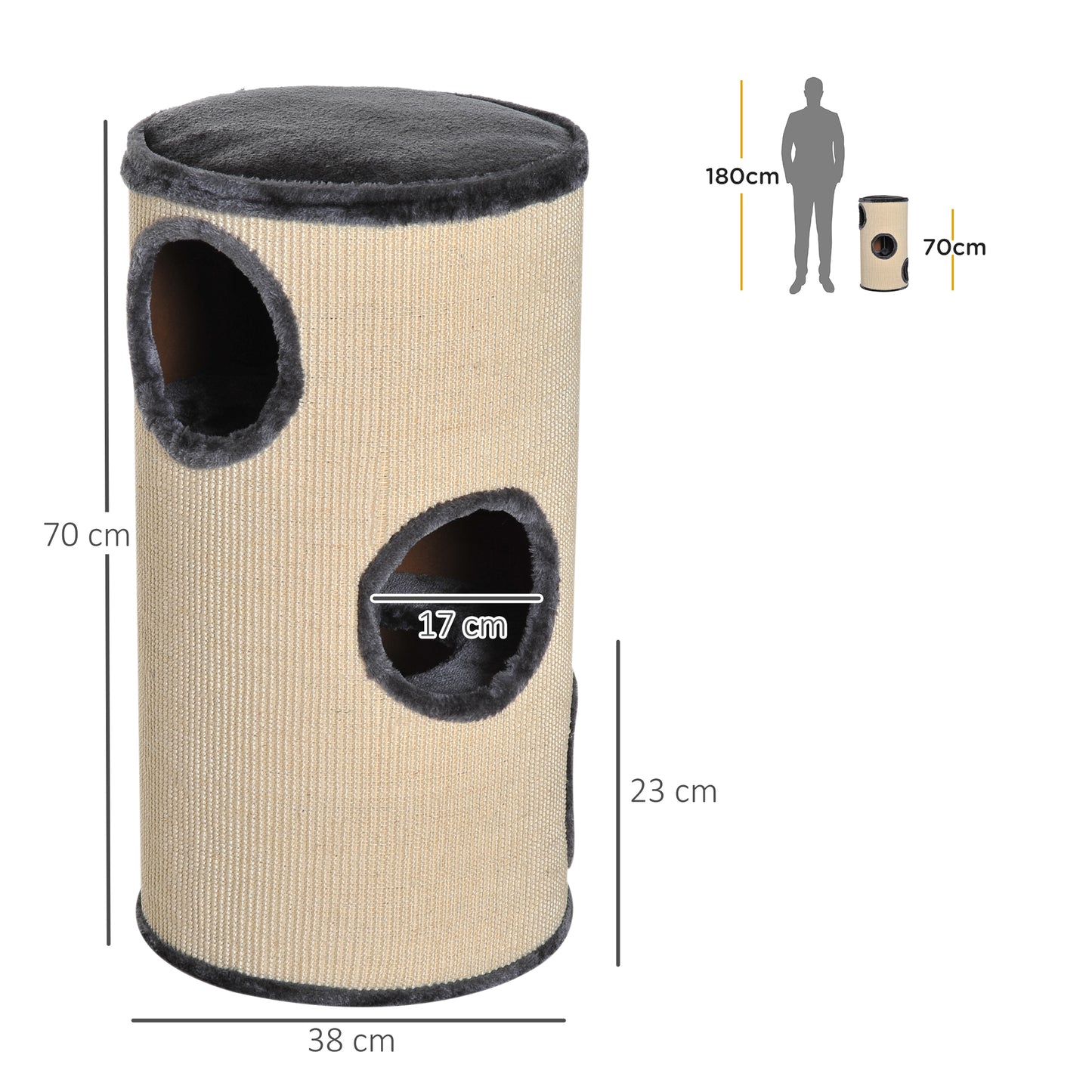 Cat Scratching Barrel Sisal Activity Center 3 Dens Observation Deck 70H Pawhut