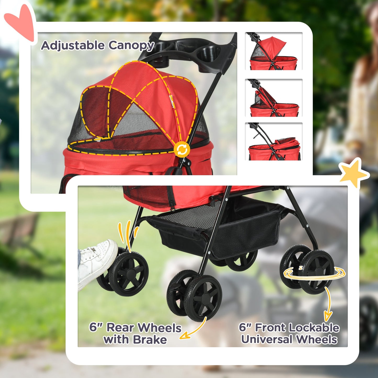 Pet Stroller No-Zip Foldable Travel Carriage with Brake Basket Adjustable Canopy