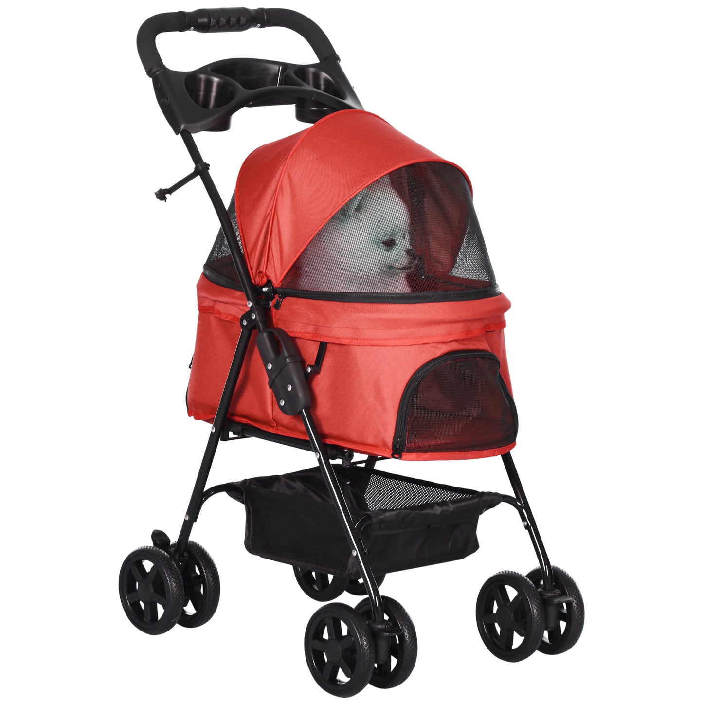 Pet Stroller No-Zip Foldable Travel Carriage with Brake Basket Adjustable Canopy