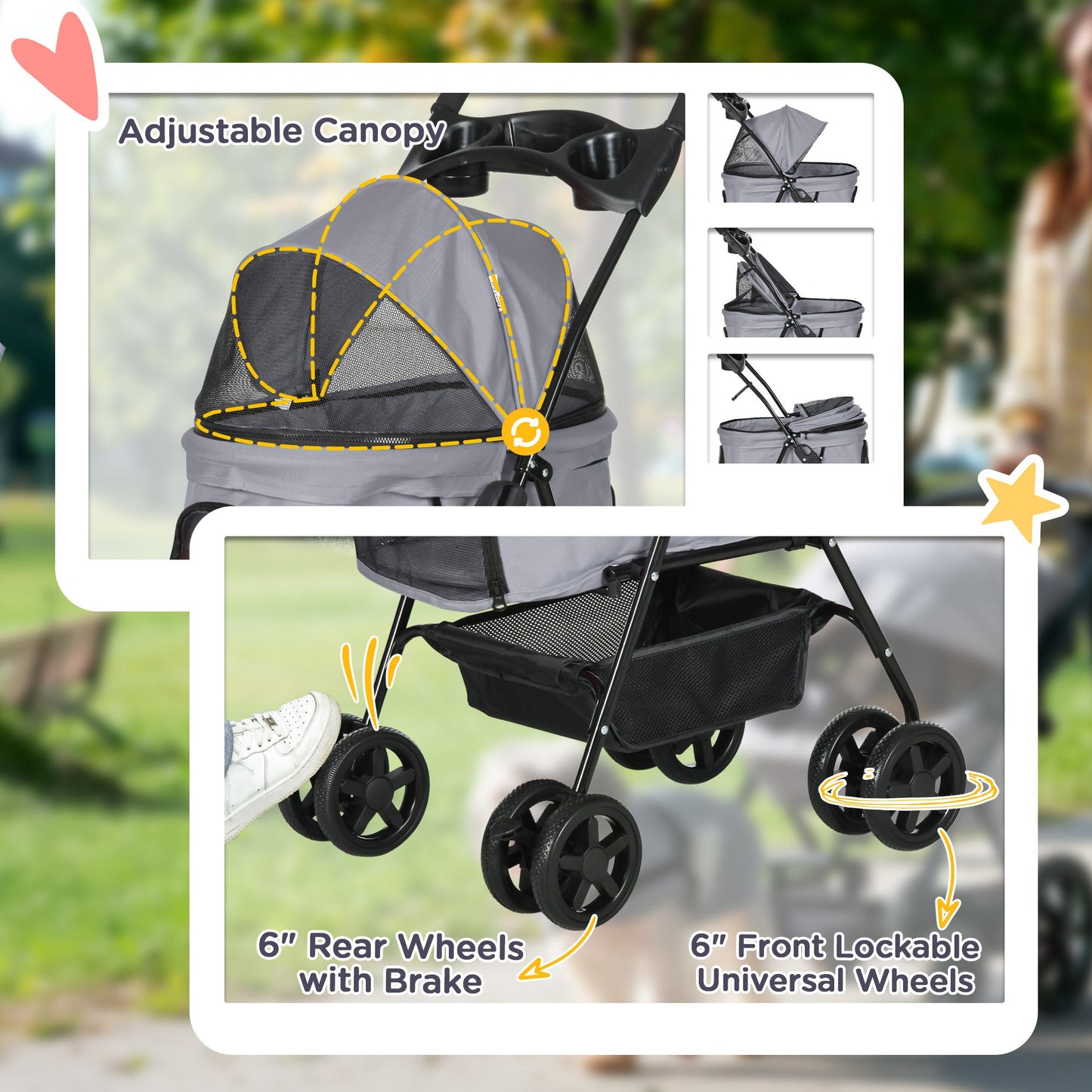 Pet Stroller No-Zip Foldable Travel Carriage with Brake Basket Adjustable Canopy