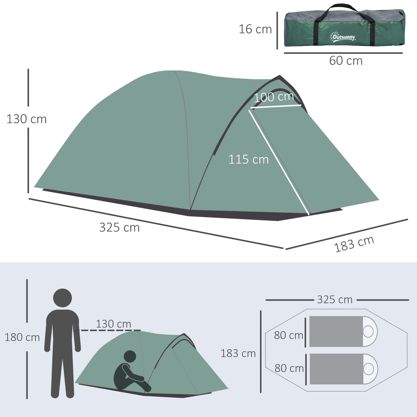 Compact Camping Tent w/ Vestibule & Mesh Vents for Hiking Green Outsunny