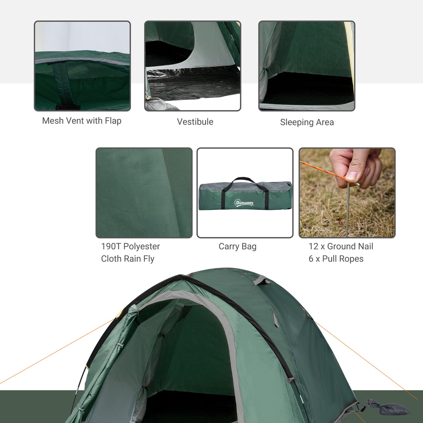 Compact Camping Tent w/ Vestibule & Mesh Vents for Hiking Green Outsunny