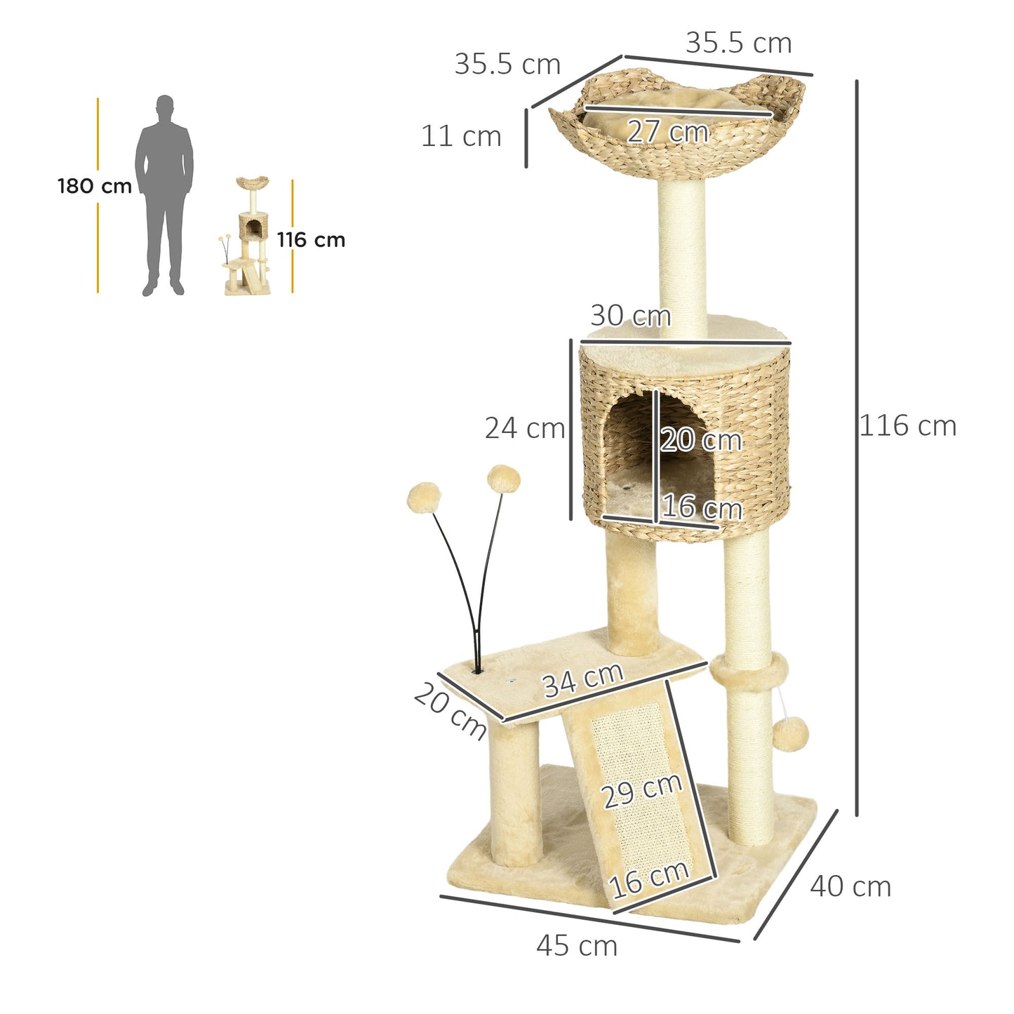 PawHut 116cm Cat Tree Tower with Scratching Post Cat House Ball Platform Beige