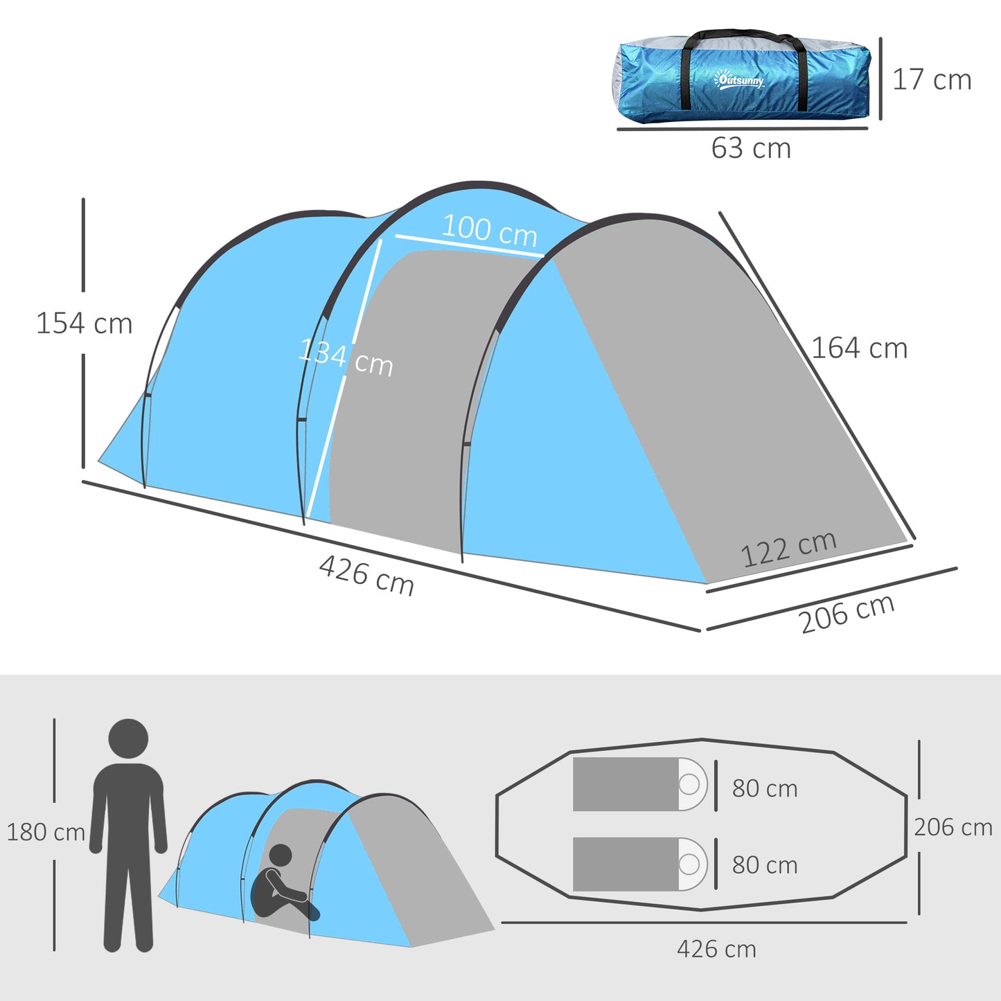 3 Man Camping Tent w/ 2 Rooms Porch Vents Rainfly Weather-Resistant Outsunny