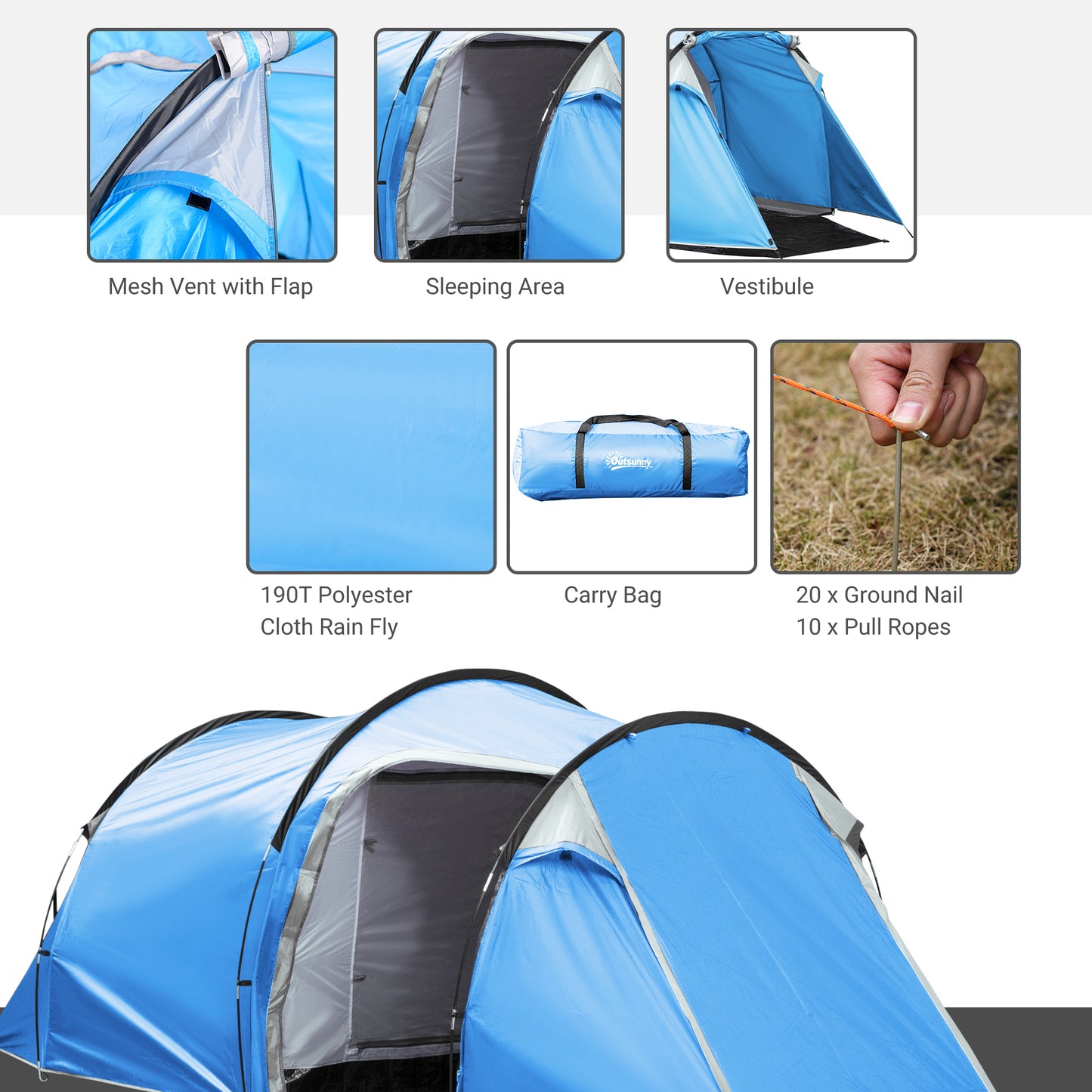 3 Man Camping Tent w/ 2 Rooms Porch Vents Rainfly Weather-Resistant Outsunny