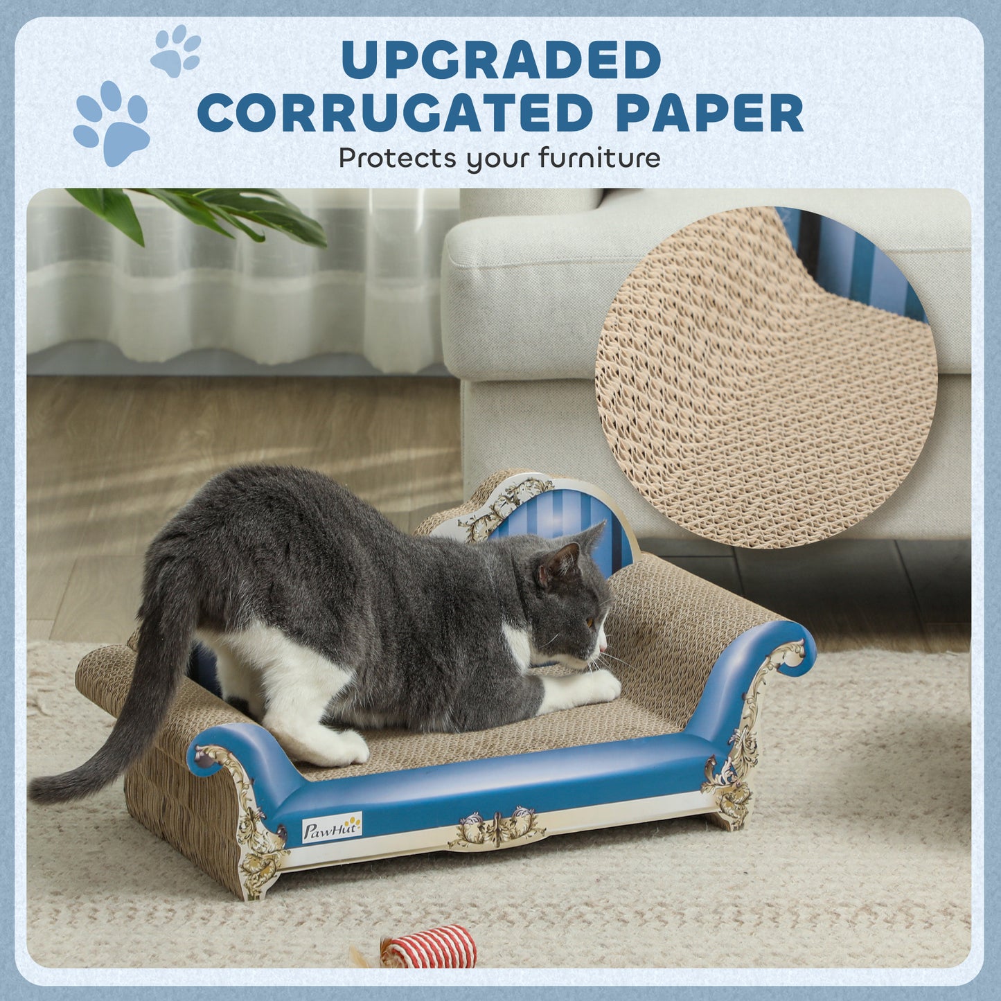 PawHut 2 in1 Cat Scratcher with Catnip, Cardboard Lounge Bed, Blue