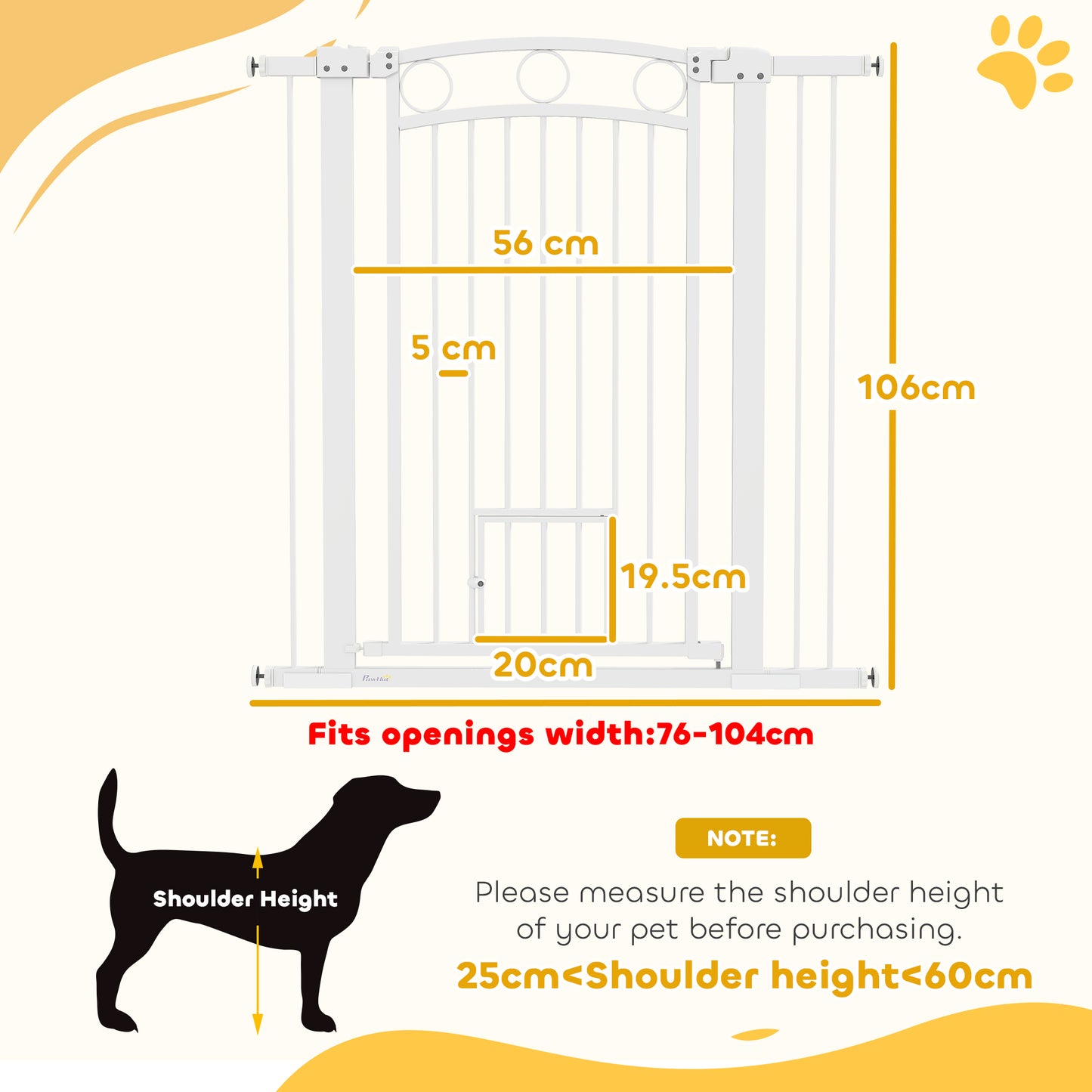 PawHut Stair Gate with Cat Door, Adjustable Width, 76-104cm and 106cm Tall