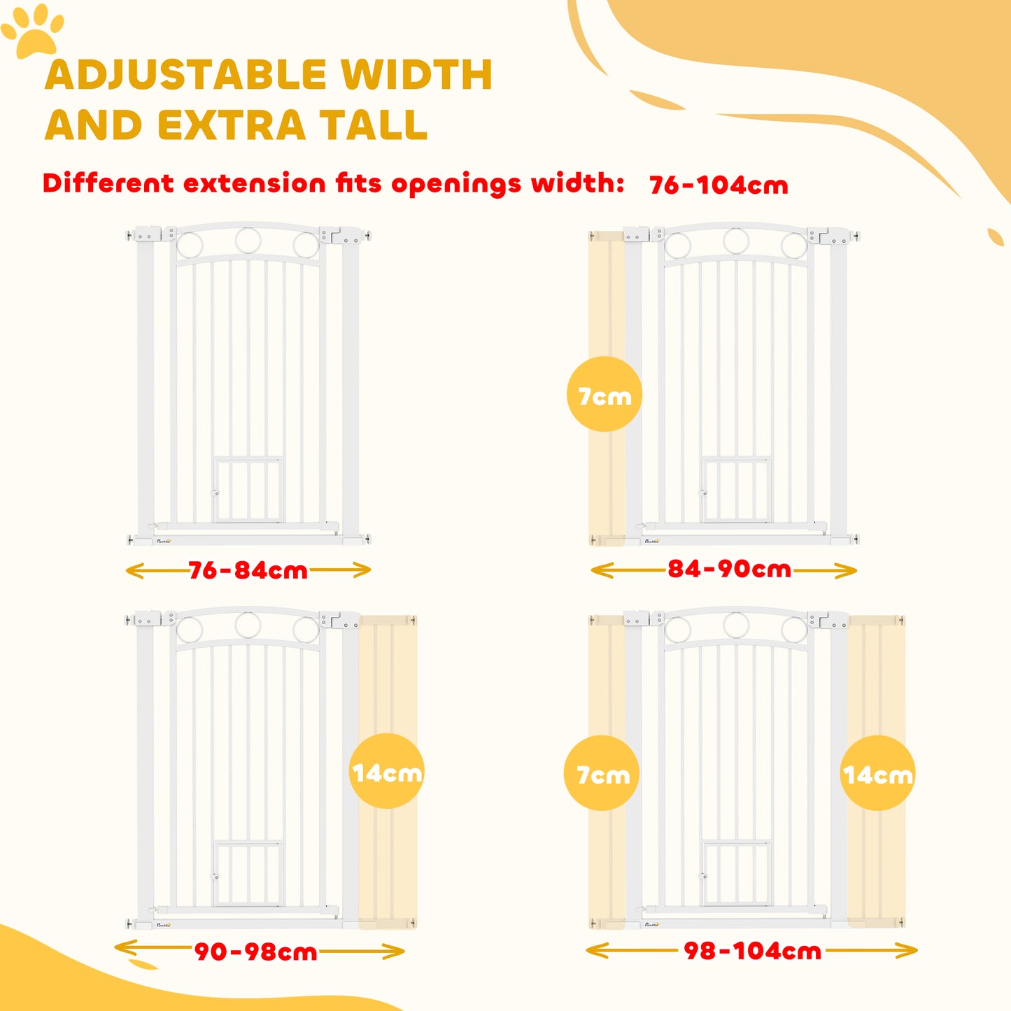 PawHut Stair Gate with Cat Door, Adjustable Width, 76-104cm and 106cm Tall