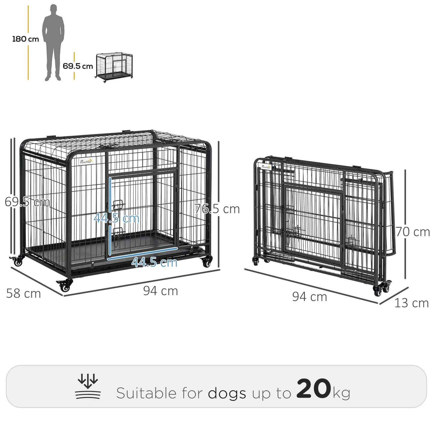 PawHut 69.5x94cm Metal Dog Cage Kennel w/ Locking Door & Wheels Medium Pets