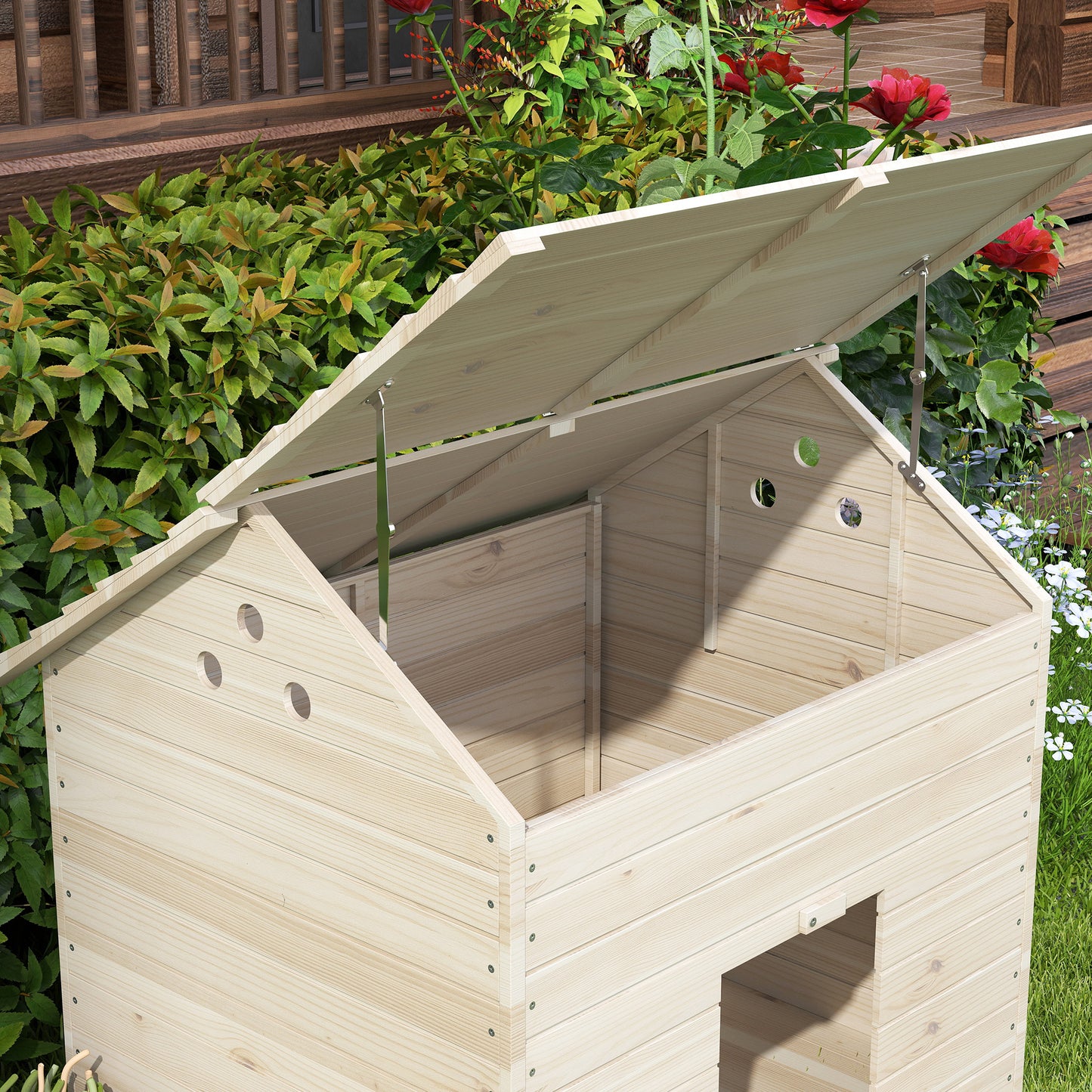 PawHut Wooden Duck House w/ Openable Roof, Raised Base, Air Holes - Natural