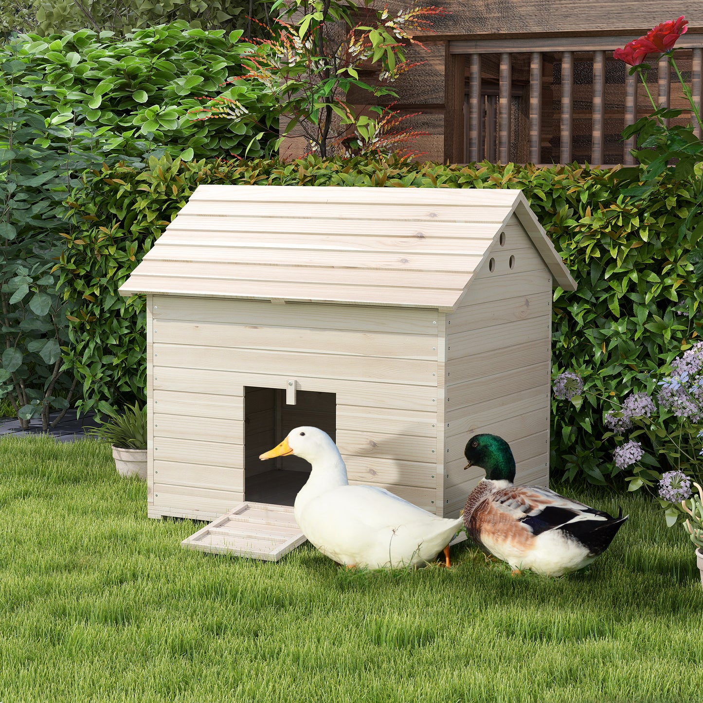 PawHut Wooden Duck House w/ Openable Roof, Raised Base, Air Holes - Natural