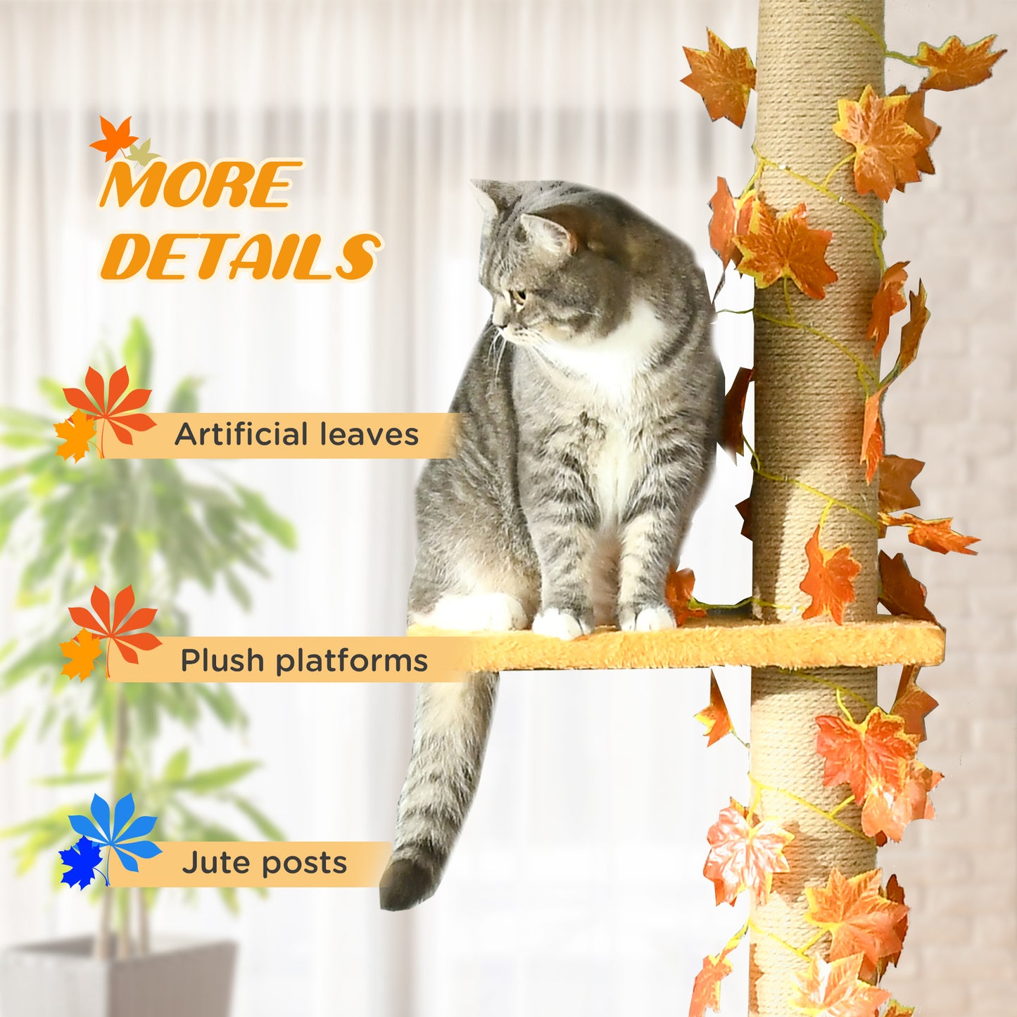 242cm Adjustable Floor-To-Ceiling Cat Tree w/ Anti-Slip Kit - Orange