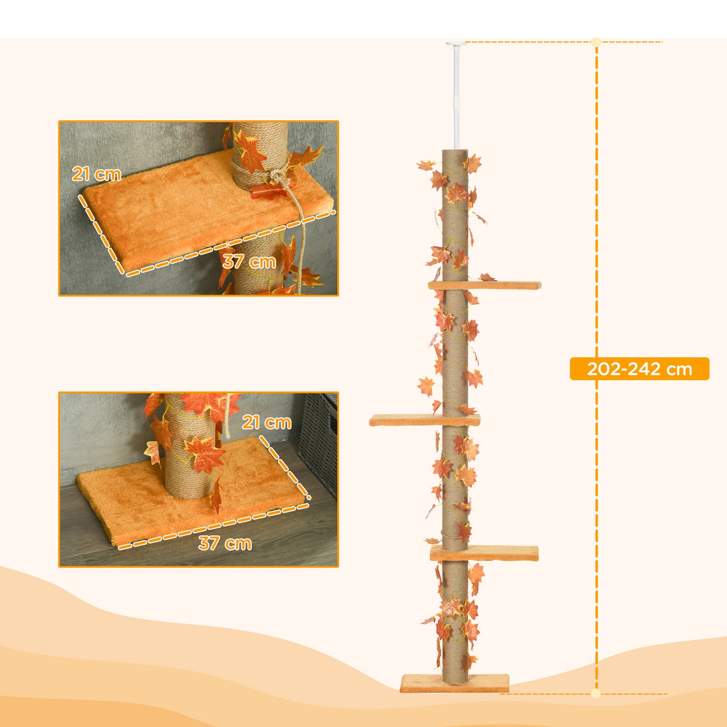 242cm Adjustable Floor-To-Ceiling Cat Tree w/ Anti-Slip Kit - Orange